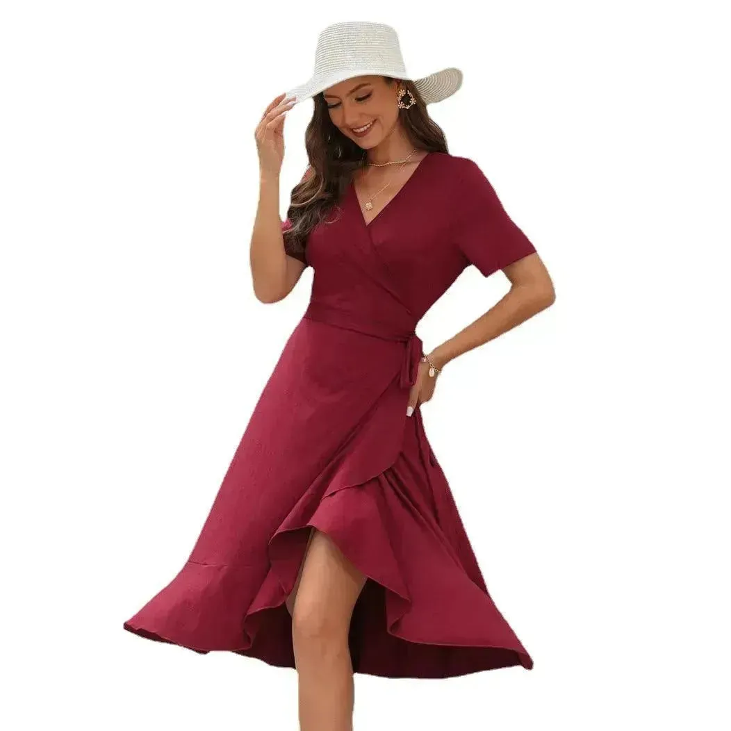 2024 Summer Solid Color Long Short Sleeve V-neck High Waist Tied Midi  Dress