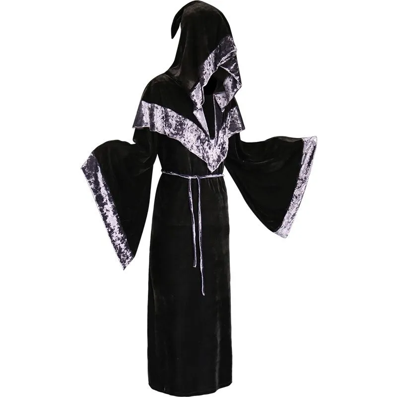 Adult Men's Dark Mystic Sorcerer Robe Halloween Cosplay Costume with Hooded Cape