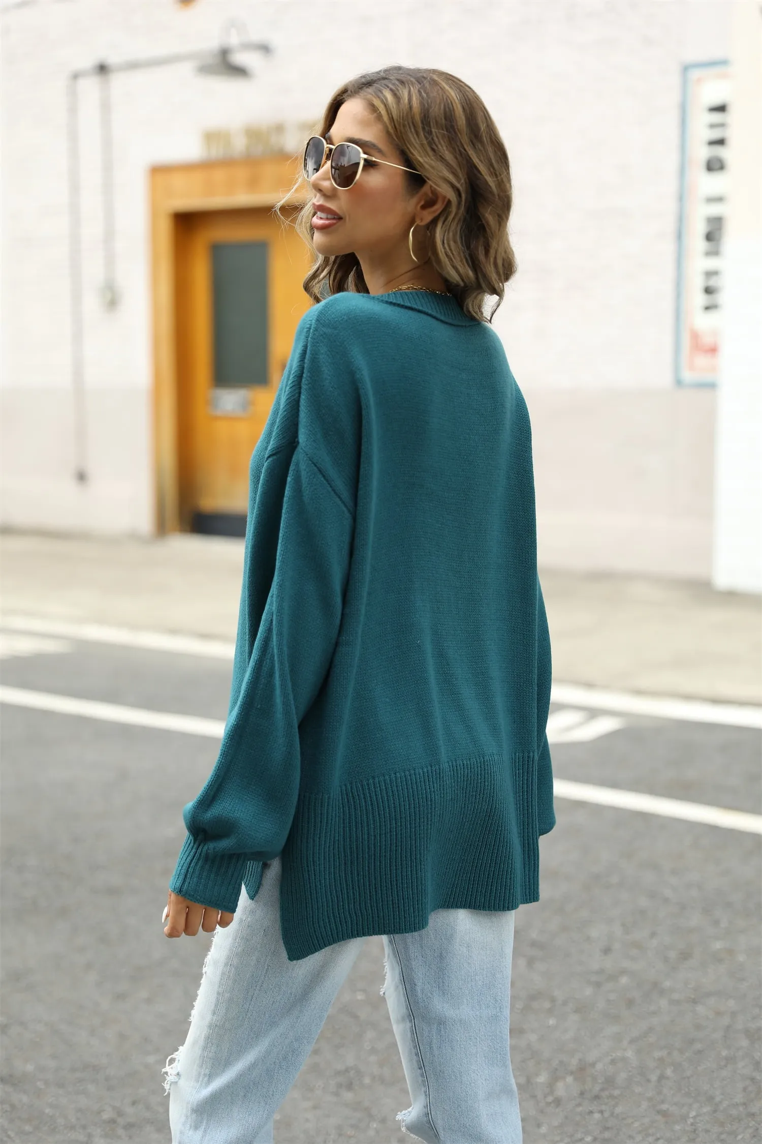 Angel Wings Round Neck Dropped Shoulder Slit Sweater