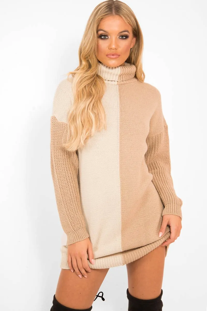 Beige Camel Colour Block Roll Neck Jumper - Milie