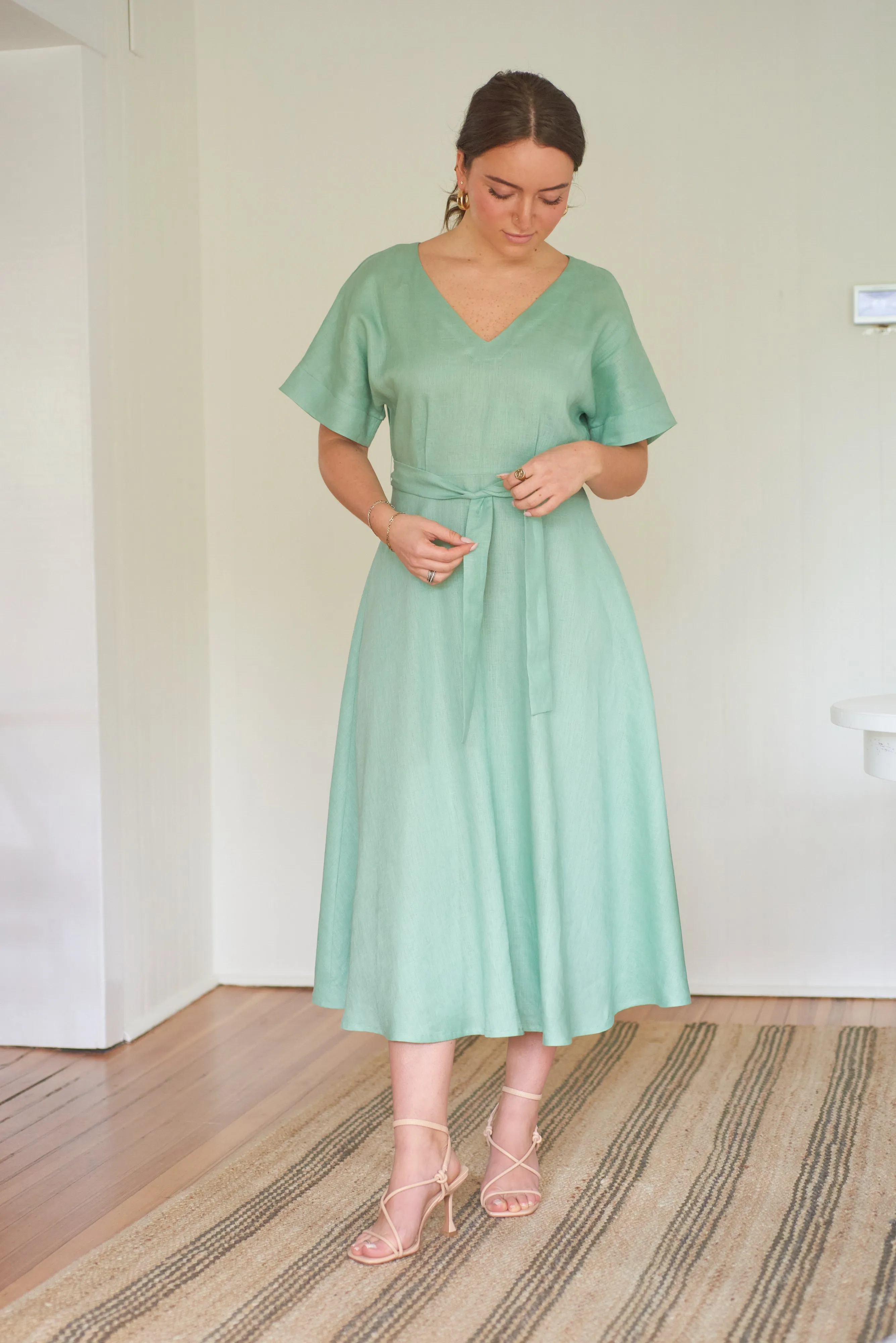 Belle - dark sage linen kimono dress, unlined SAMPLE SALE