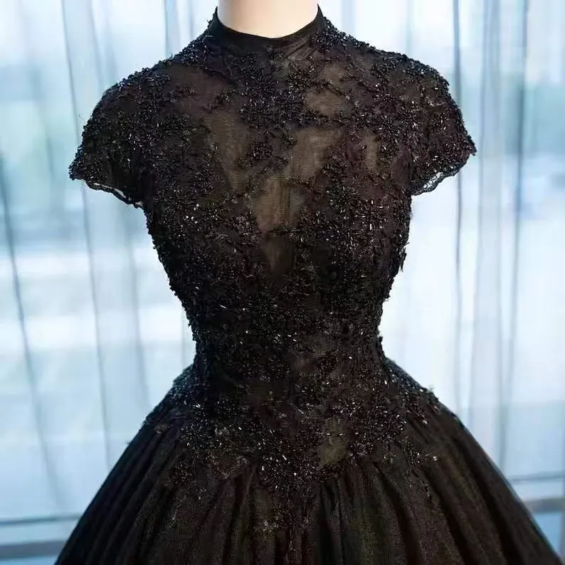 Black Cap Sleeves Long Tulle Party Dress, Black Prom Dress