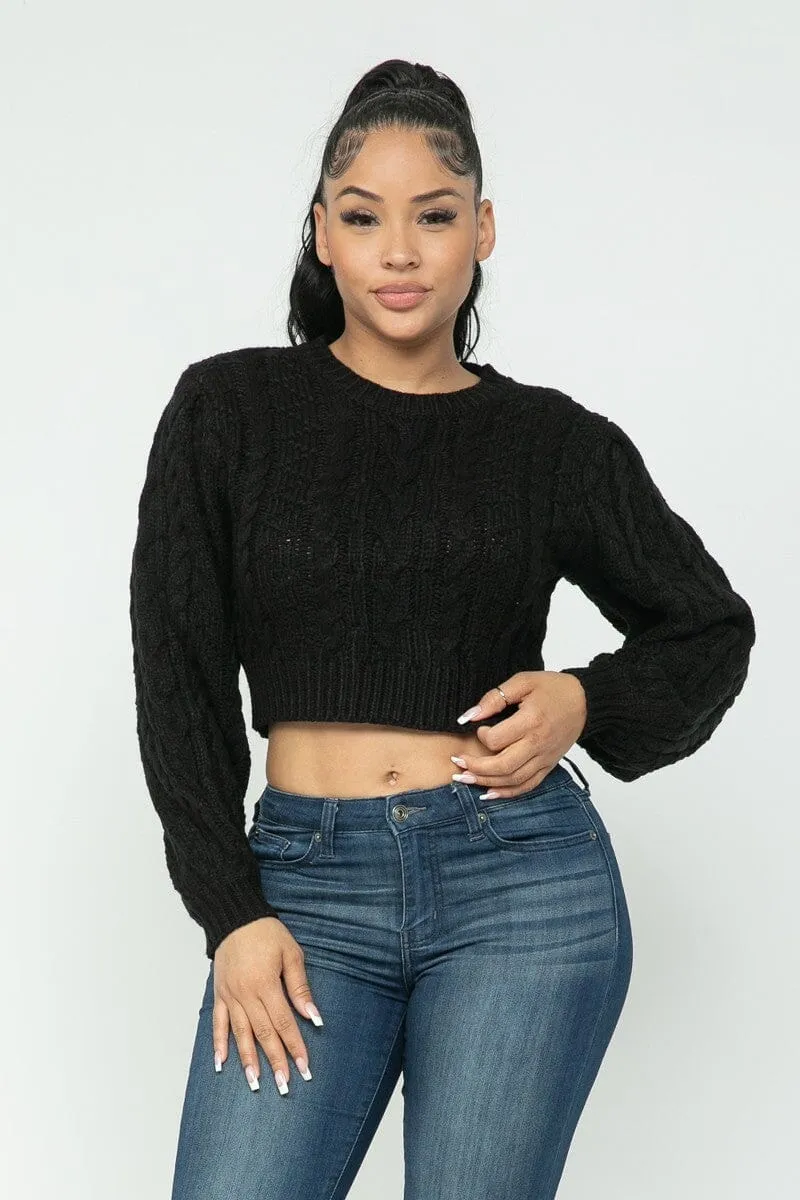 Black Cropped Long Sleeve Cable Pullover Sweater Top_