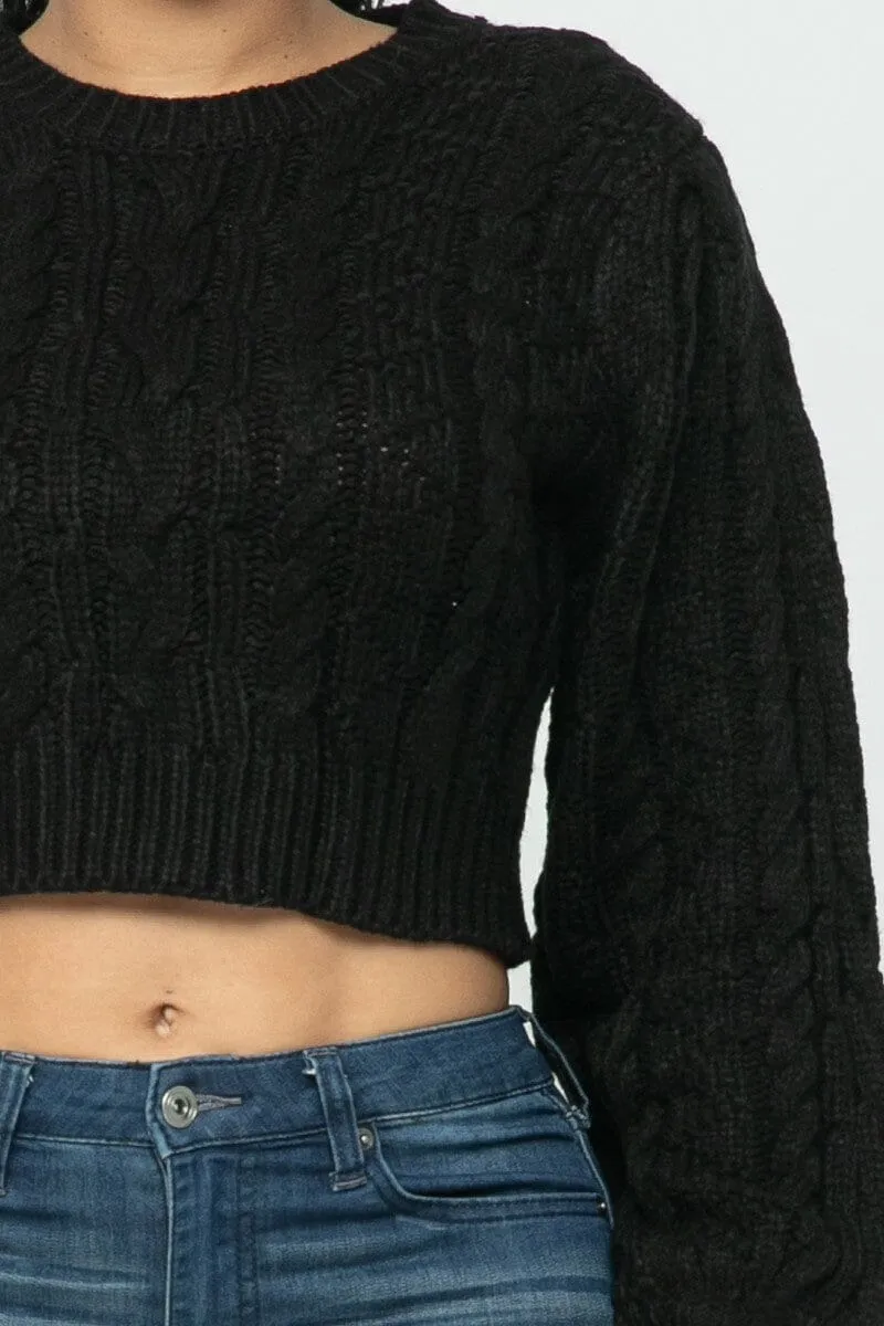 Black Cropped Long Sleeve Cable Pullover Sweater Top_