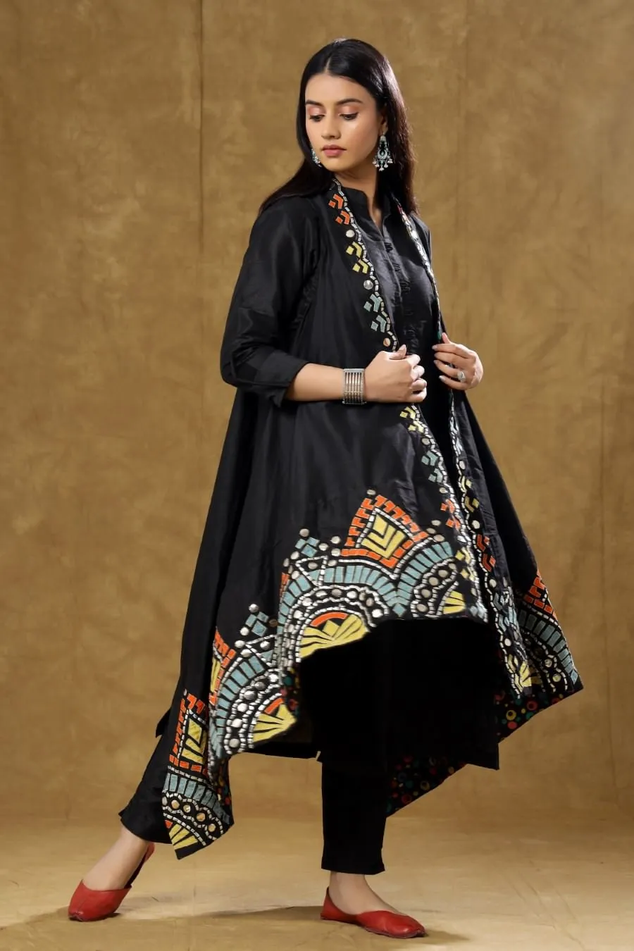 Black Dola Silk Kurta Pant And Jacket Set