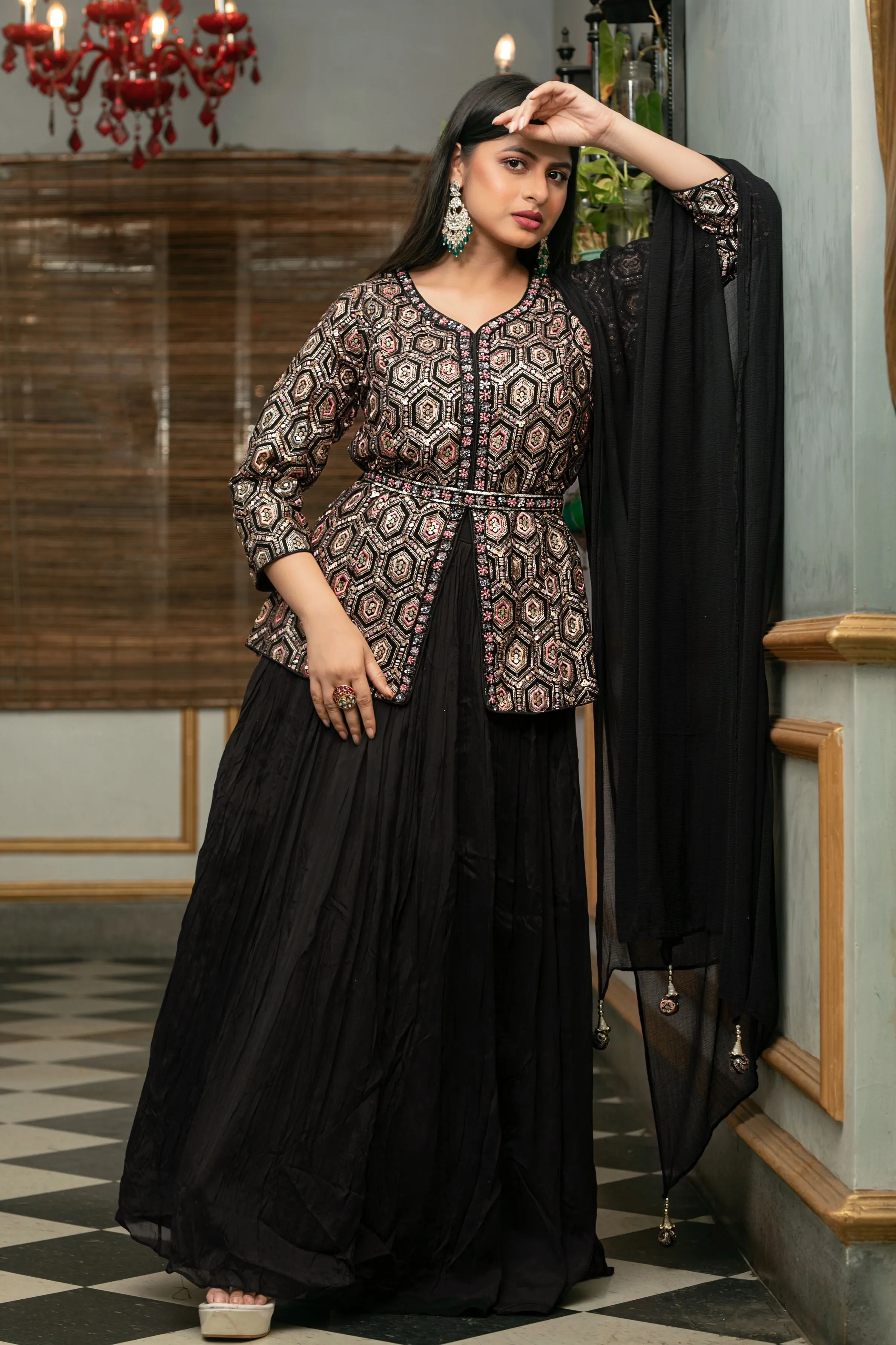 Black Embellished Premium Chinon Silk Skirt Set