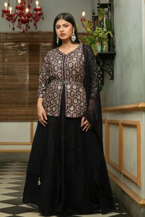 Black Embellished Premium Chinon Silk Skirt Set