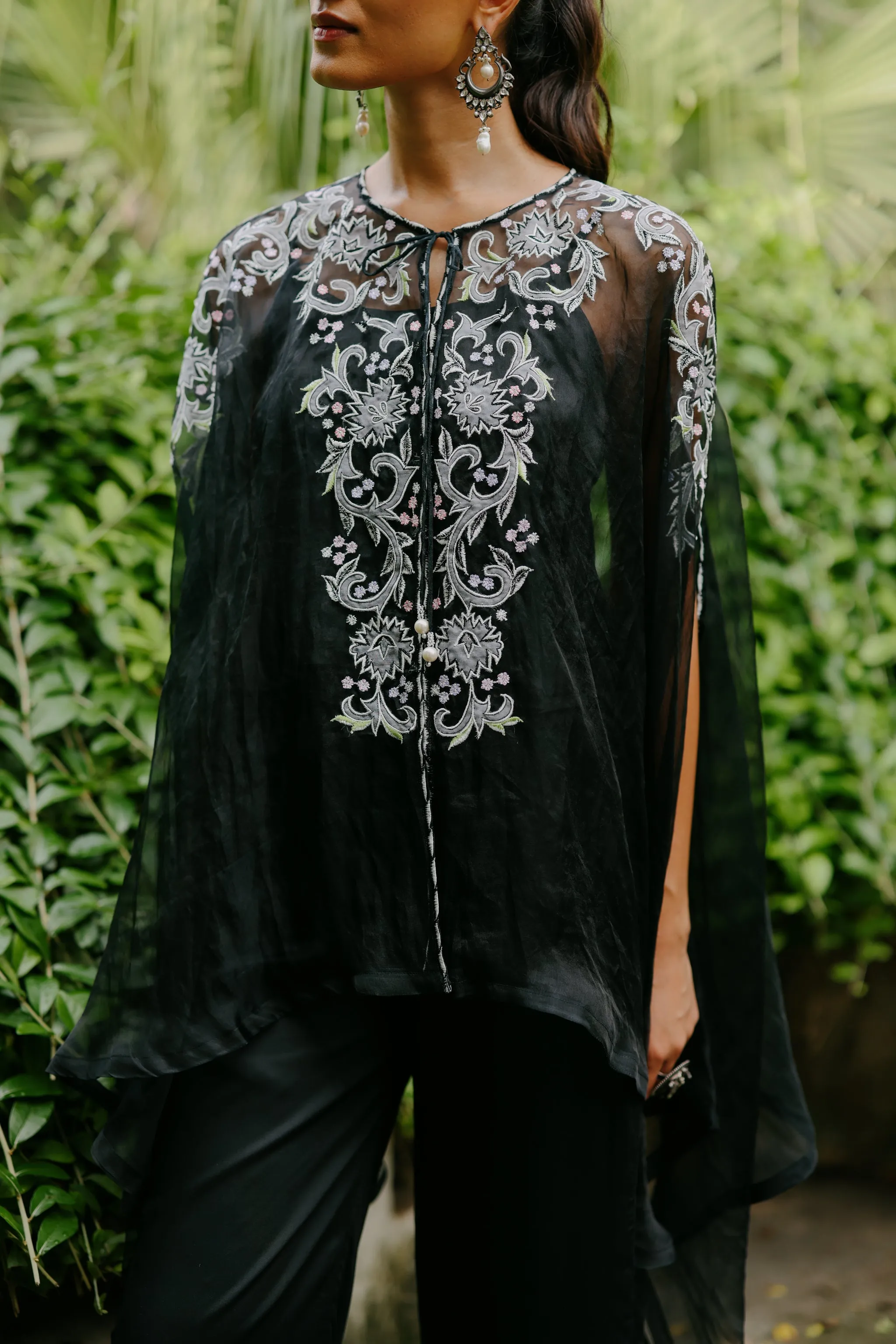 Black Embroidered Organza Cape Set