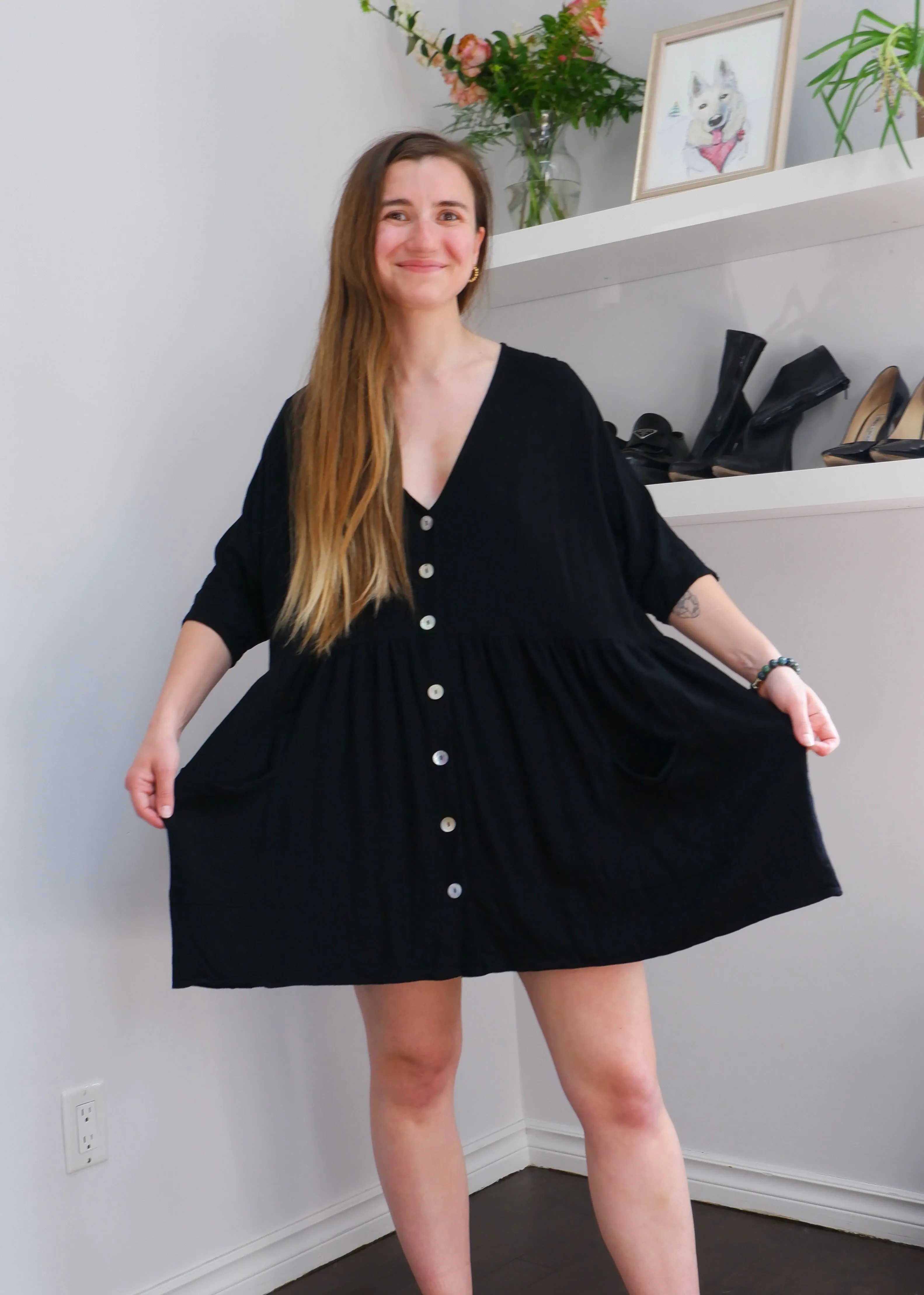 Black Linen-Blend Babydoll Dress