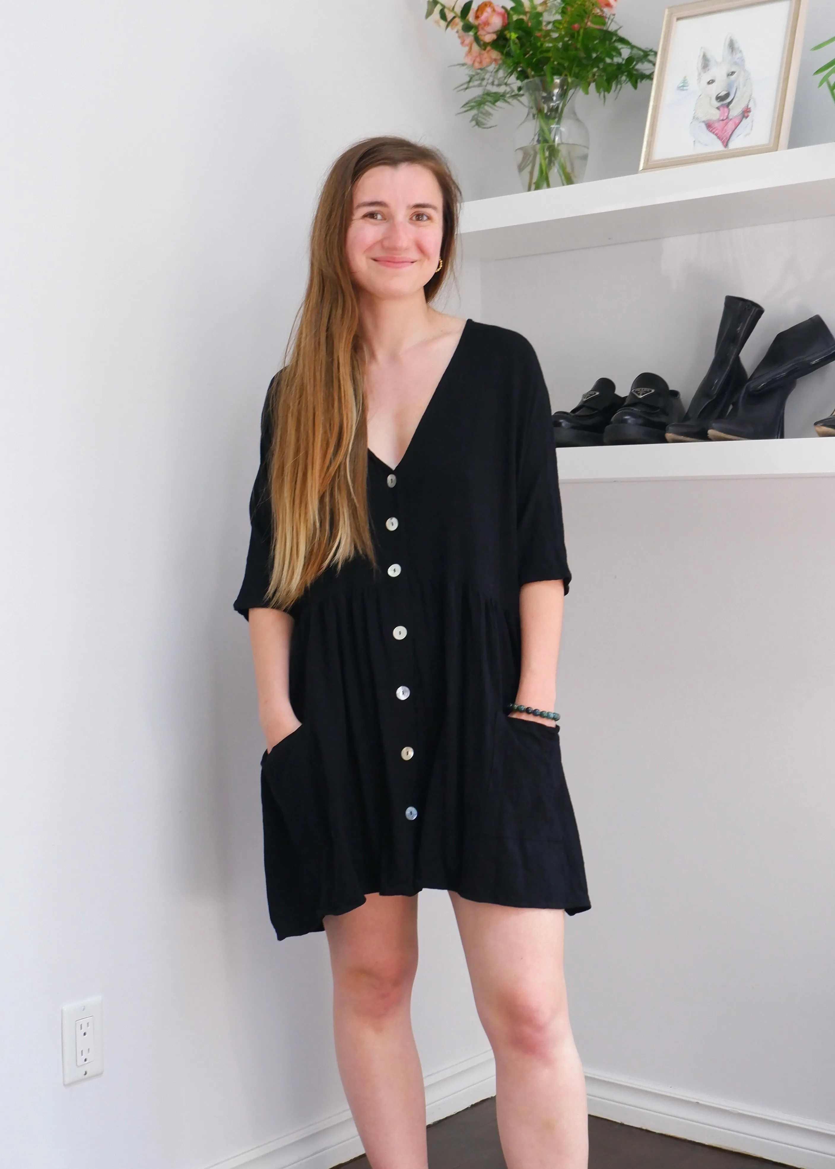 Black Linen-Blend Babydoll Dress