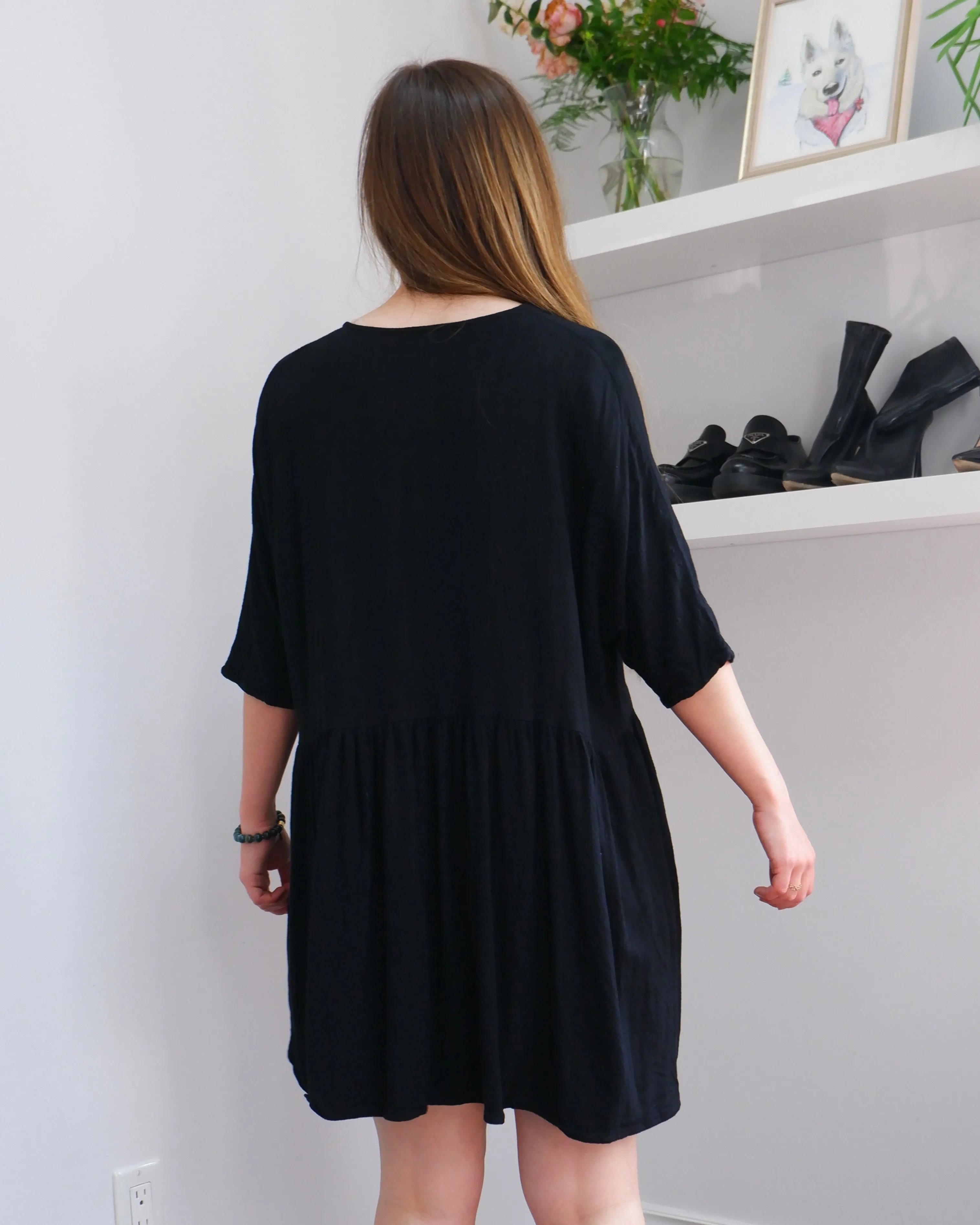 Black Linen-Blend Babydoll Dress