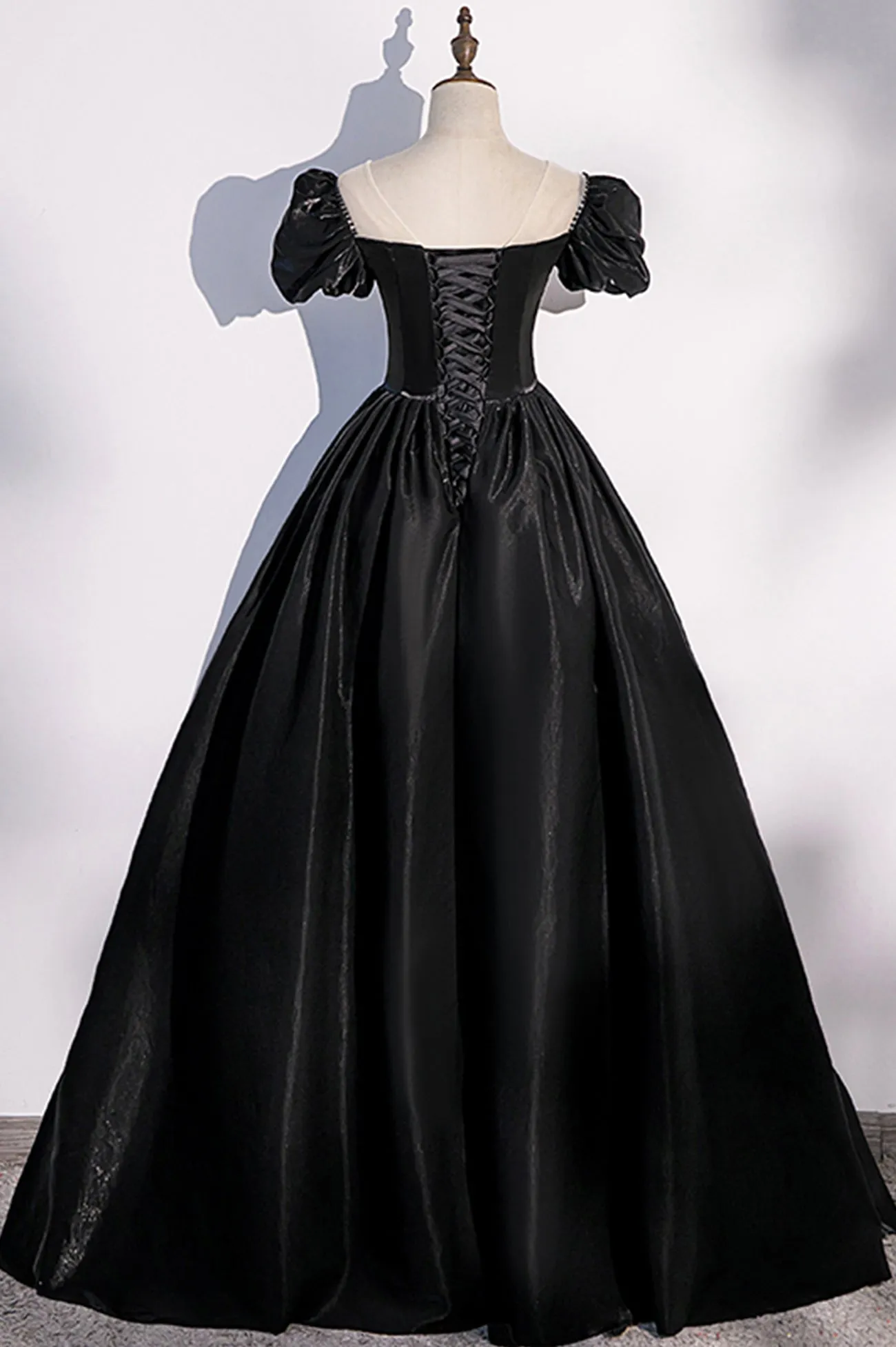 Black Satin Long Prom Dress, Black A-Line Short Sleeve Evening Dress