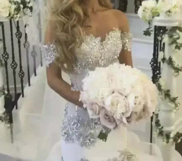 Bling Crystal Mermaid Wedding Dresses Ruffle Tiered Off Shoulder Wedding Gown