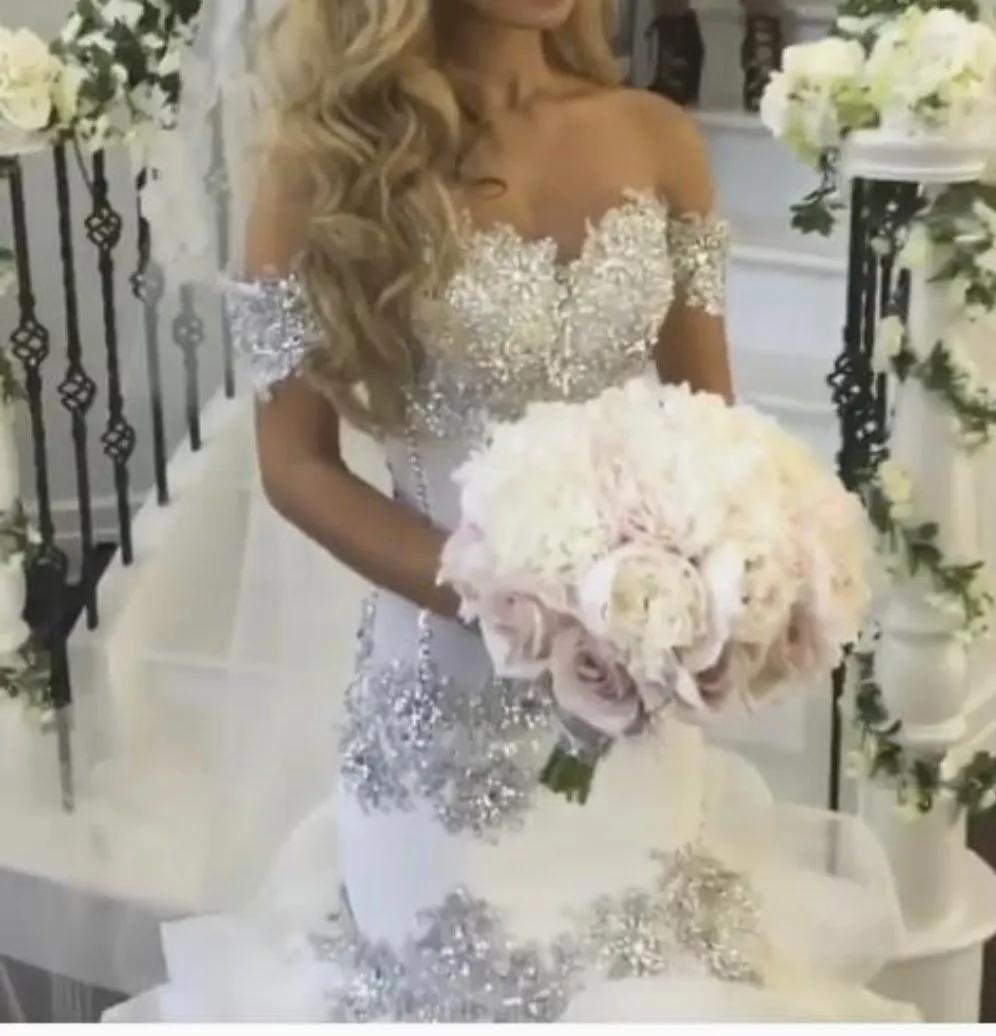 Bling Crystal Mermaid Wedding Dresses Ruffle Tiered Off Shoulder Wedding Gown