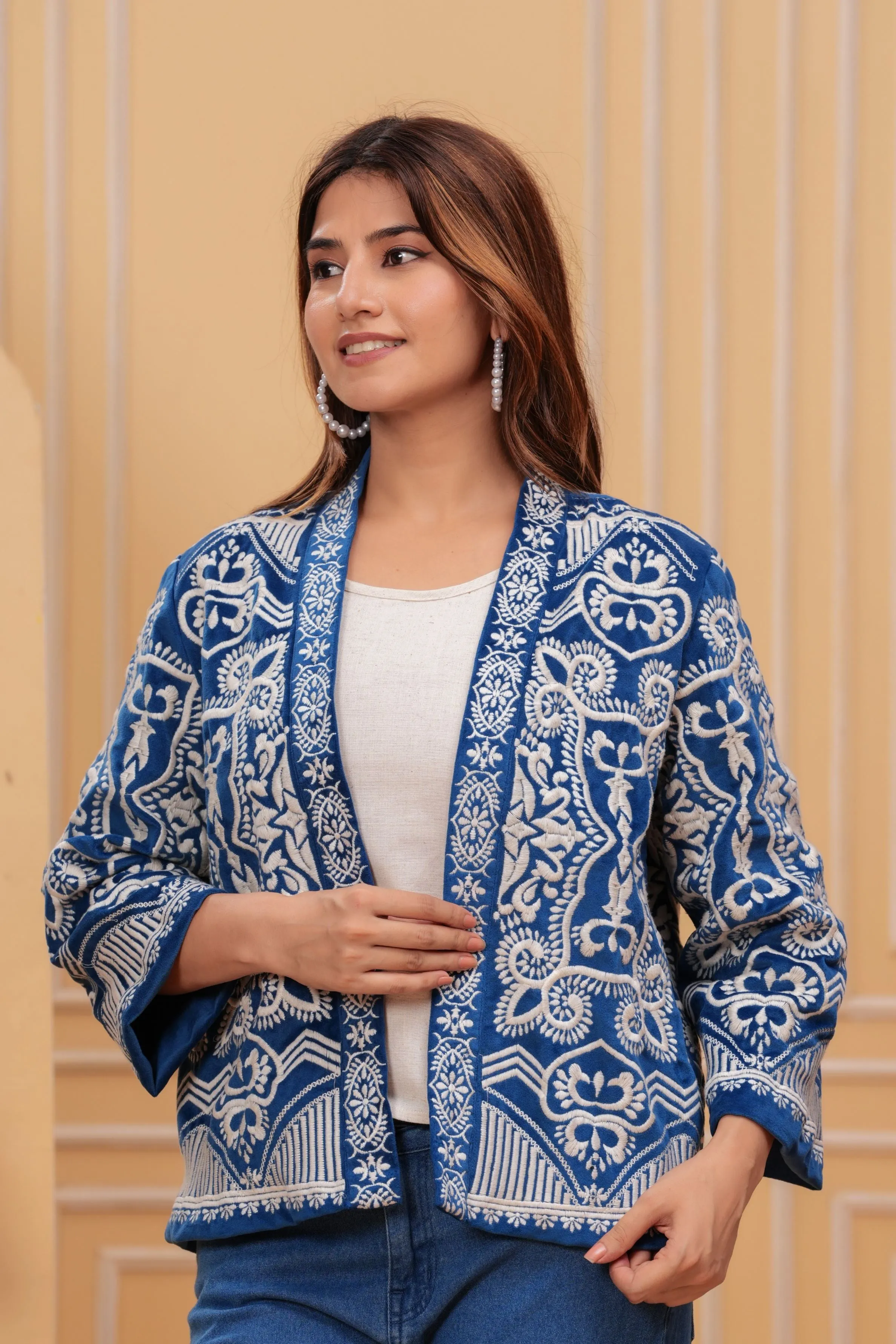 Blue Embroidered Velvet Silk Jacket