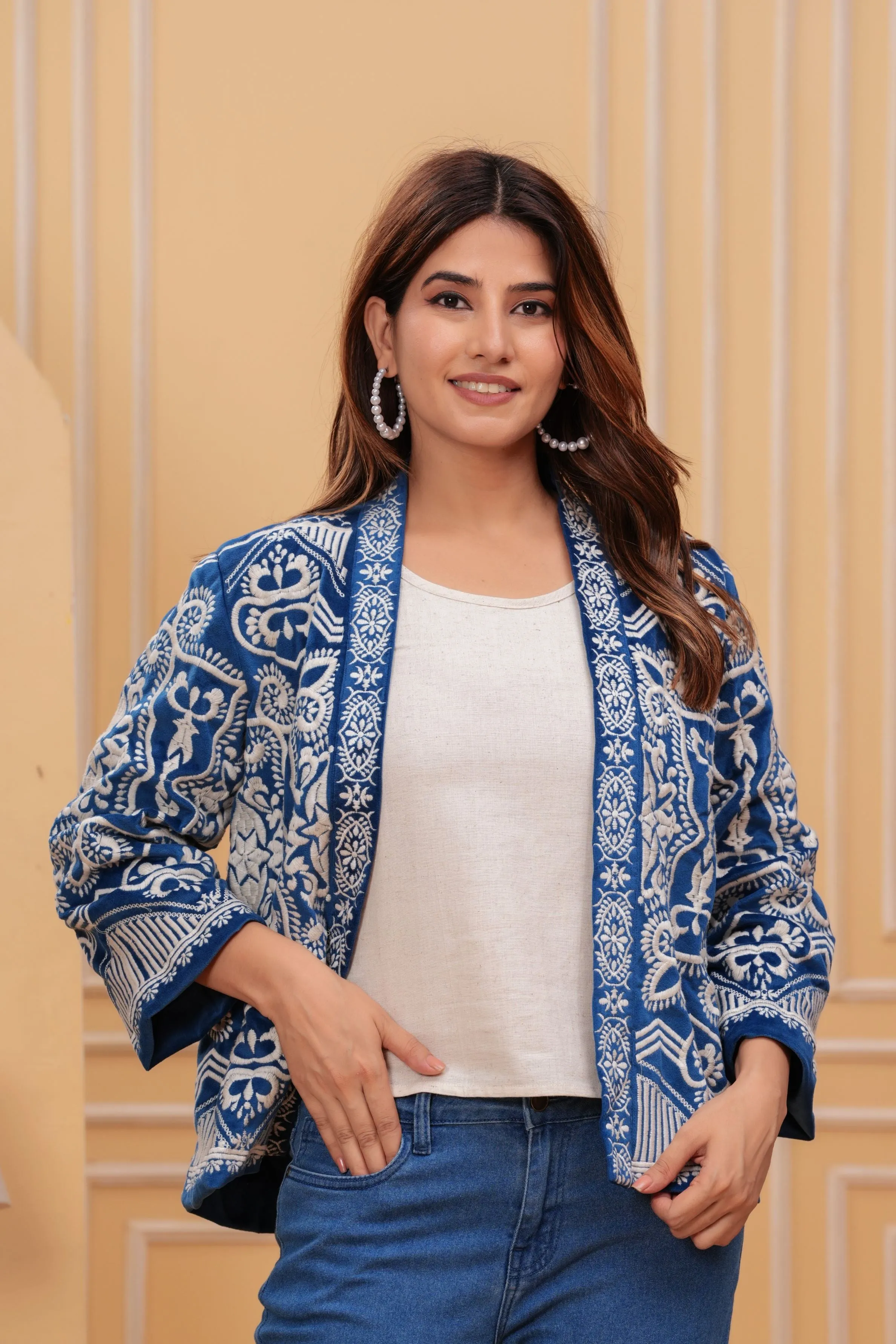 Blue Embroidered Velvet Silk Jacket