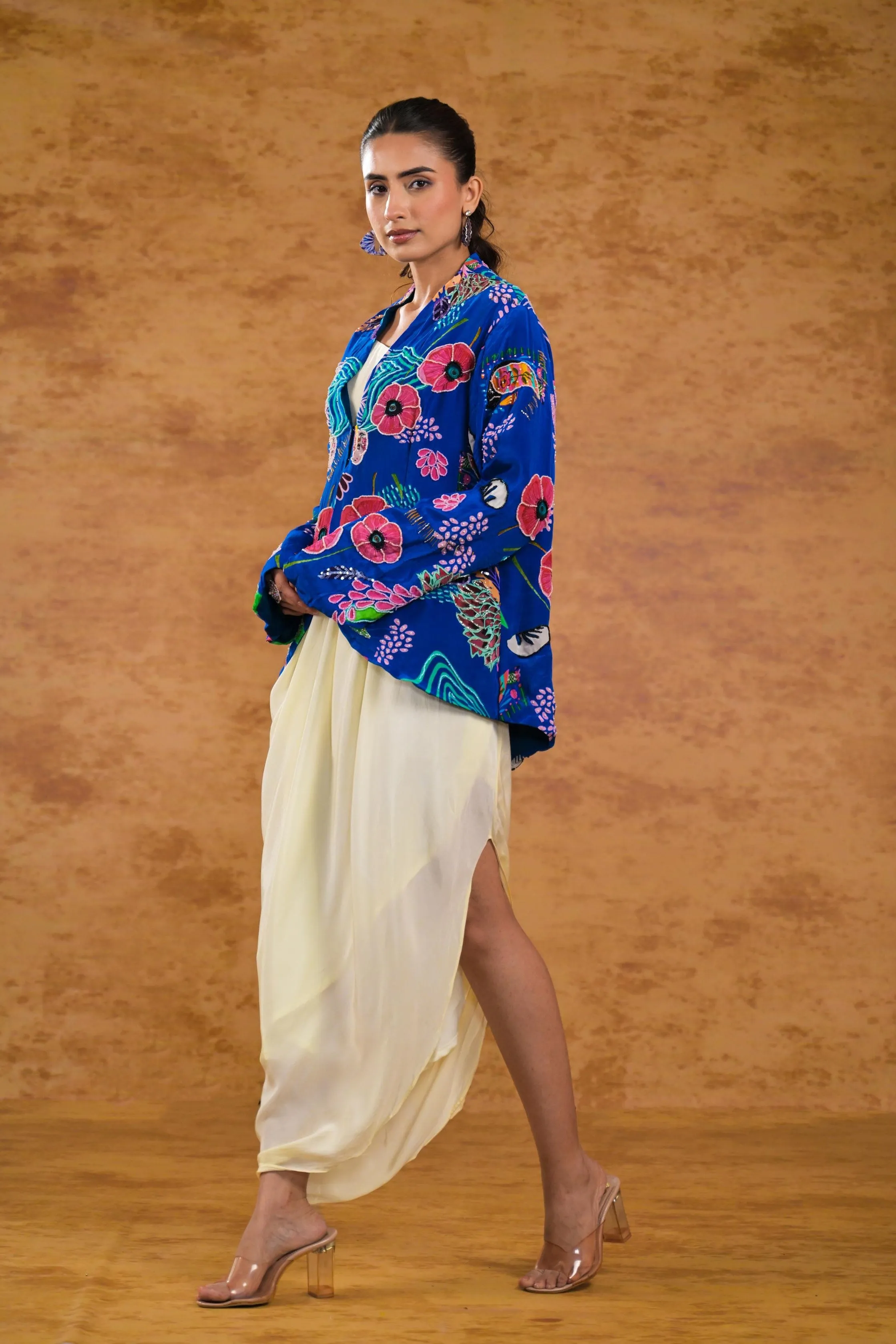 Blue Floral Printed Premium Silk Jacket Draped Gown