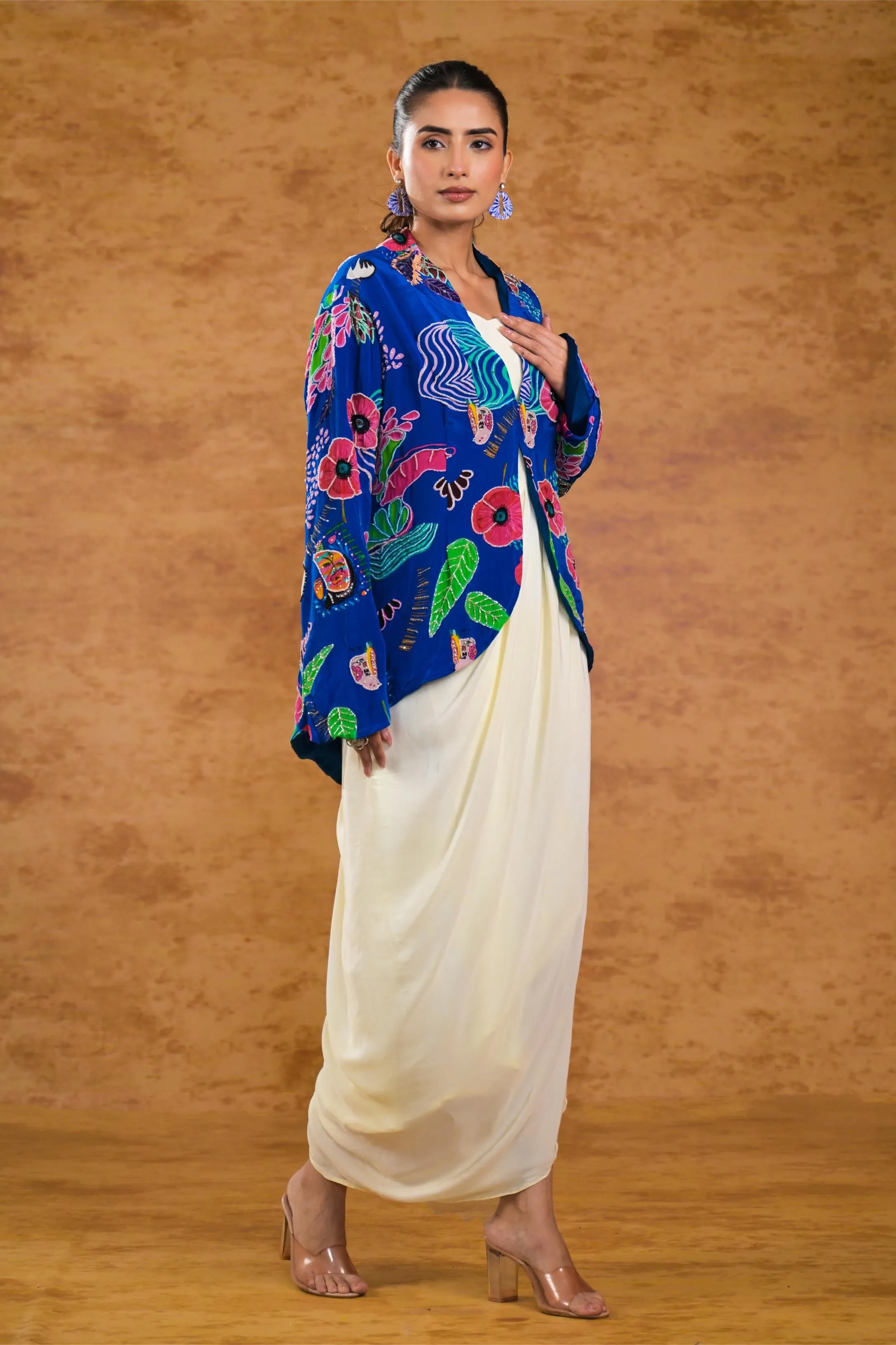 Blue Floral Printed Premium Silk Jacket Draped Gown