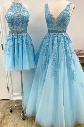 Blue tulle lace A_line prom dress blue lace tulle formal dress