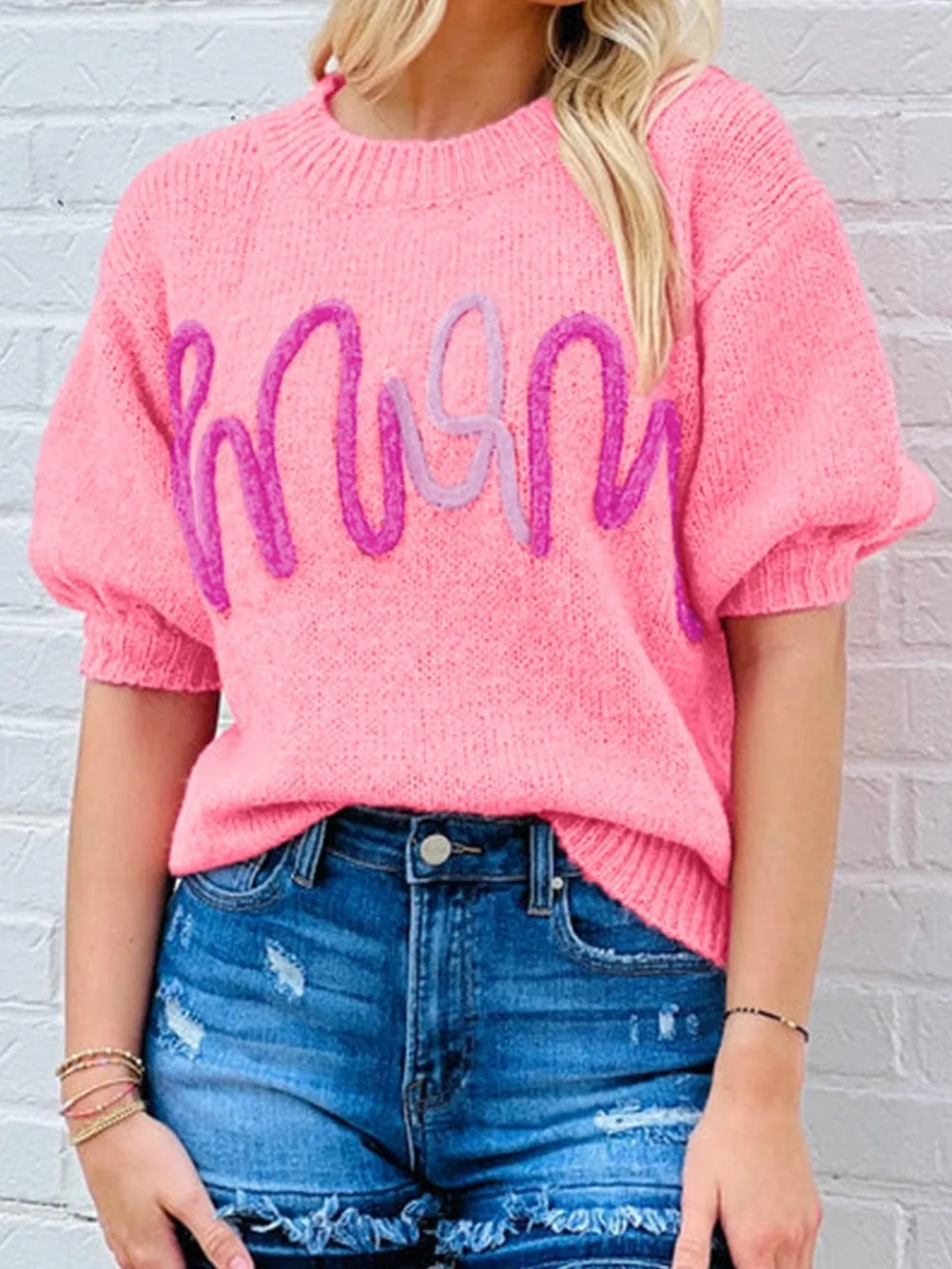 Bonbon Tinsel Detail Short Sleeve Sweater for Chic Moms