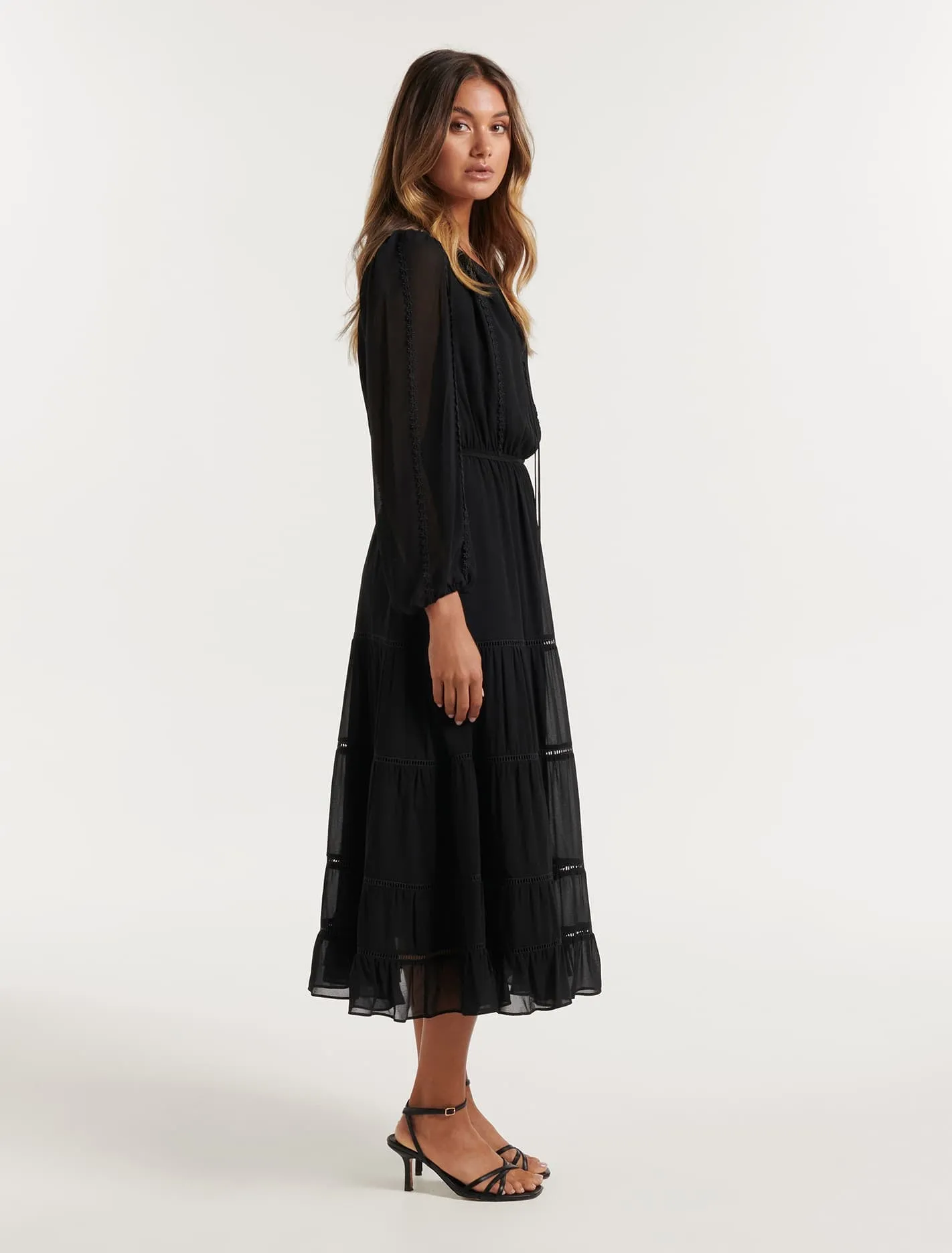 Bridget Tiered Lace Trim Midi Dress