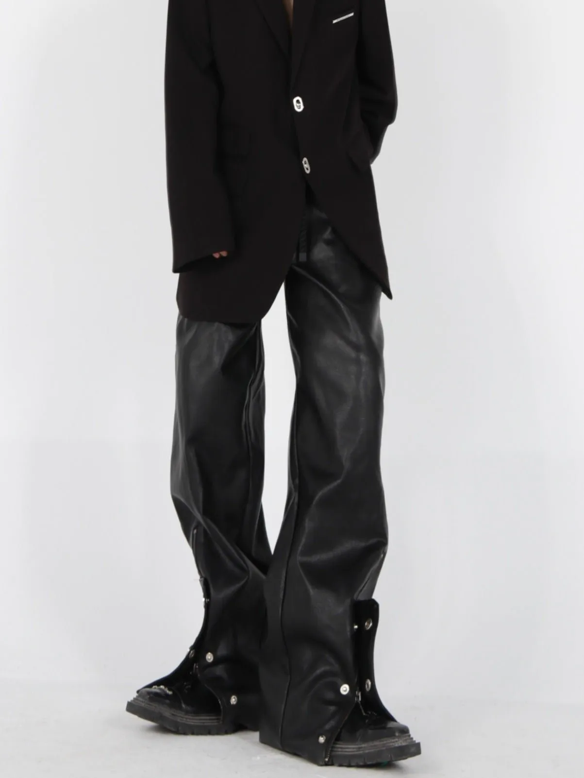 Button-Zip Faux Leather Pants with Thick Rope | Steatwear Trousers