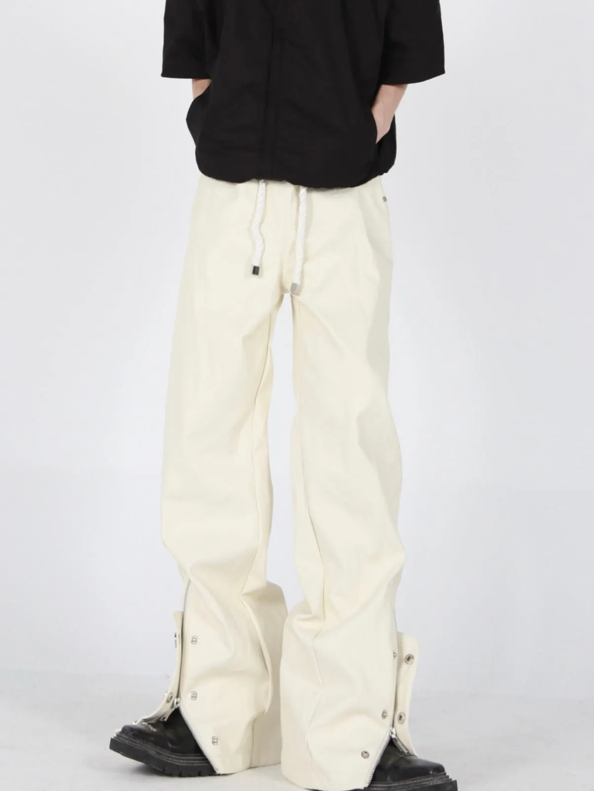 Button-Zip Faux Leather Pants with Thick Rope | Steatwear Trousers