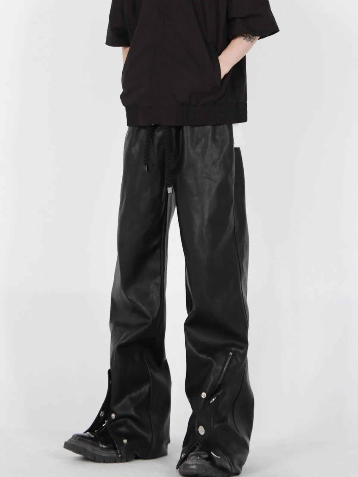 Button-Zip Faux Leather Pants with Thick Rope | Steatwear Trousers