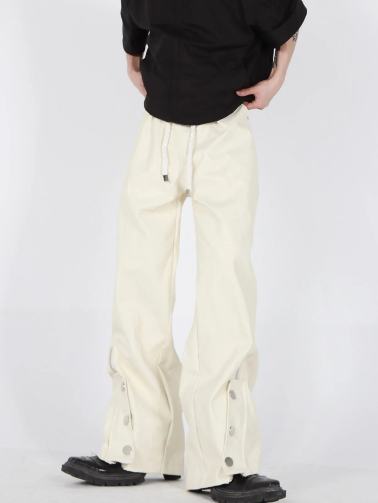 Button-Zip Faux Leather Pants with Thick Rope | Steatwear Trousers