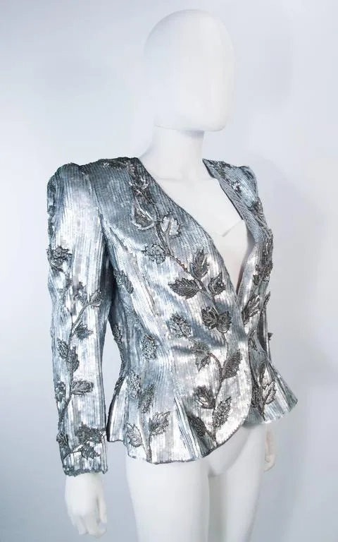 CAROLINA HERRERA Silver Beaded and Sequin Jacket with Top Size 8-10