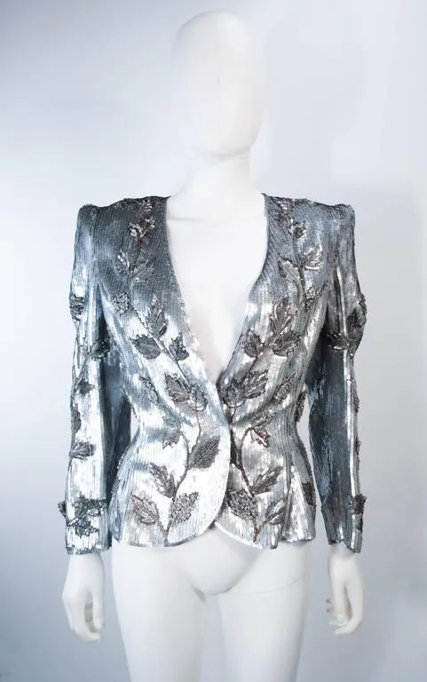 CAROLINA HERRERA Silver Beaded and Sequin Jacket with Top Size 8-10