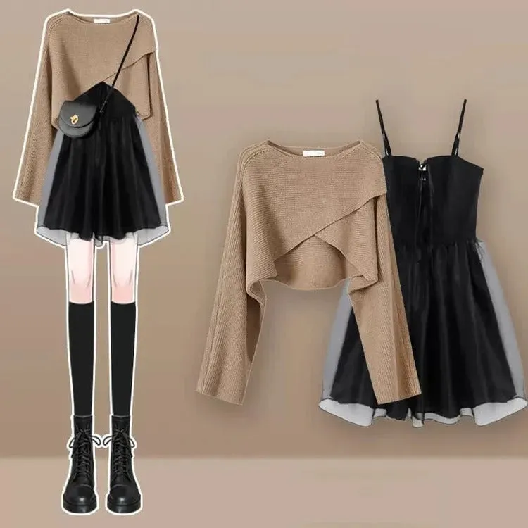 Charming Bowknot Cross Cardigan Sweater and Lace Up Tulle Slip Dress Set