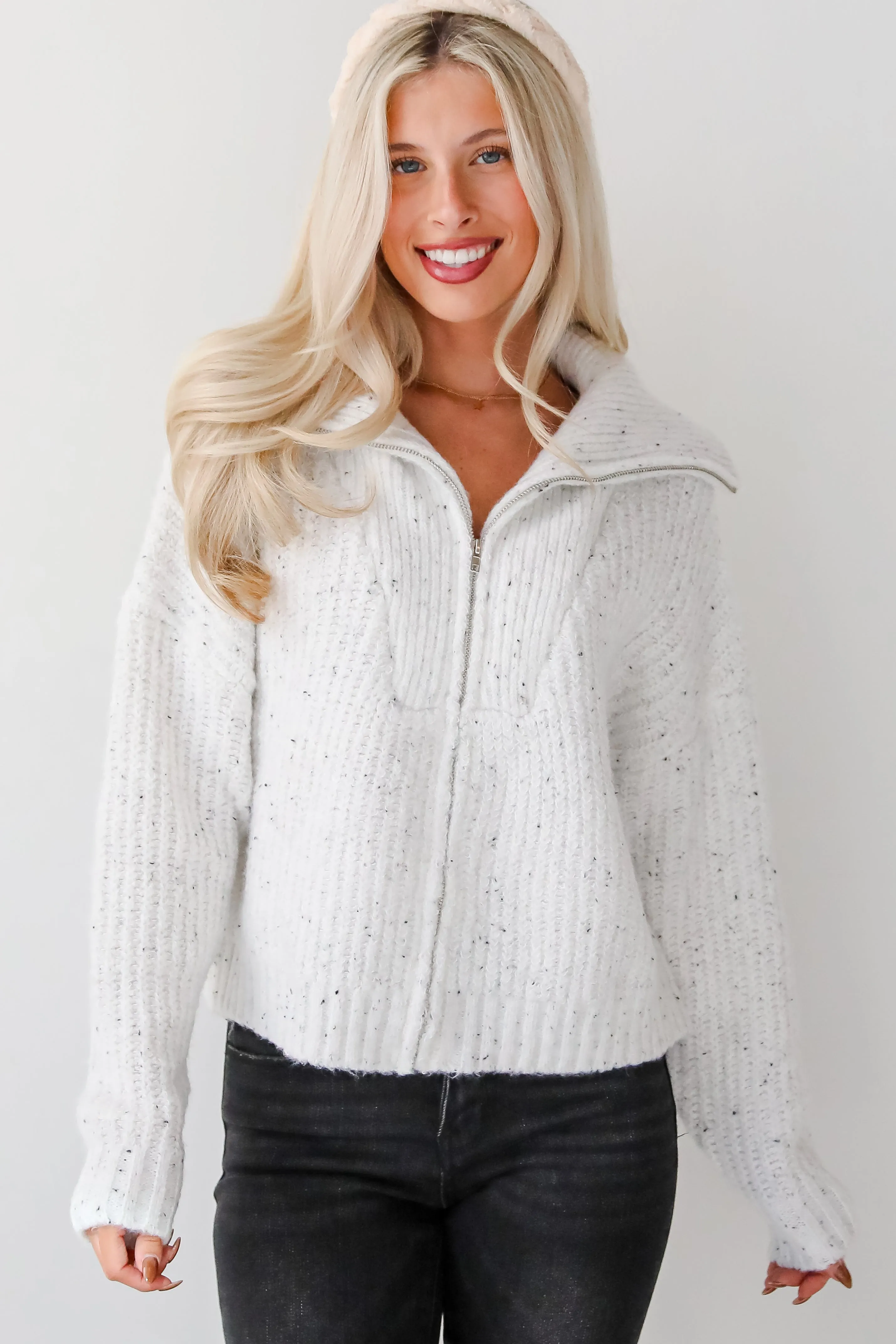 Cozy Agenda White Zip-Up Sweater