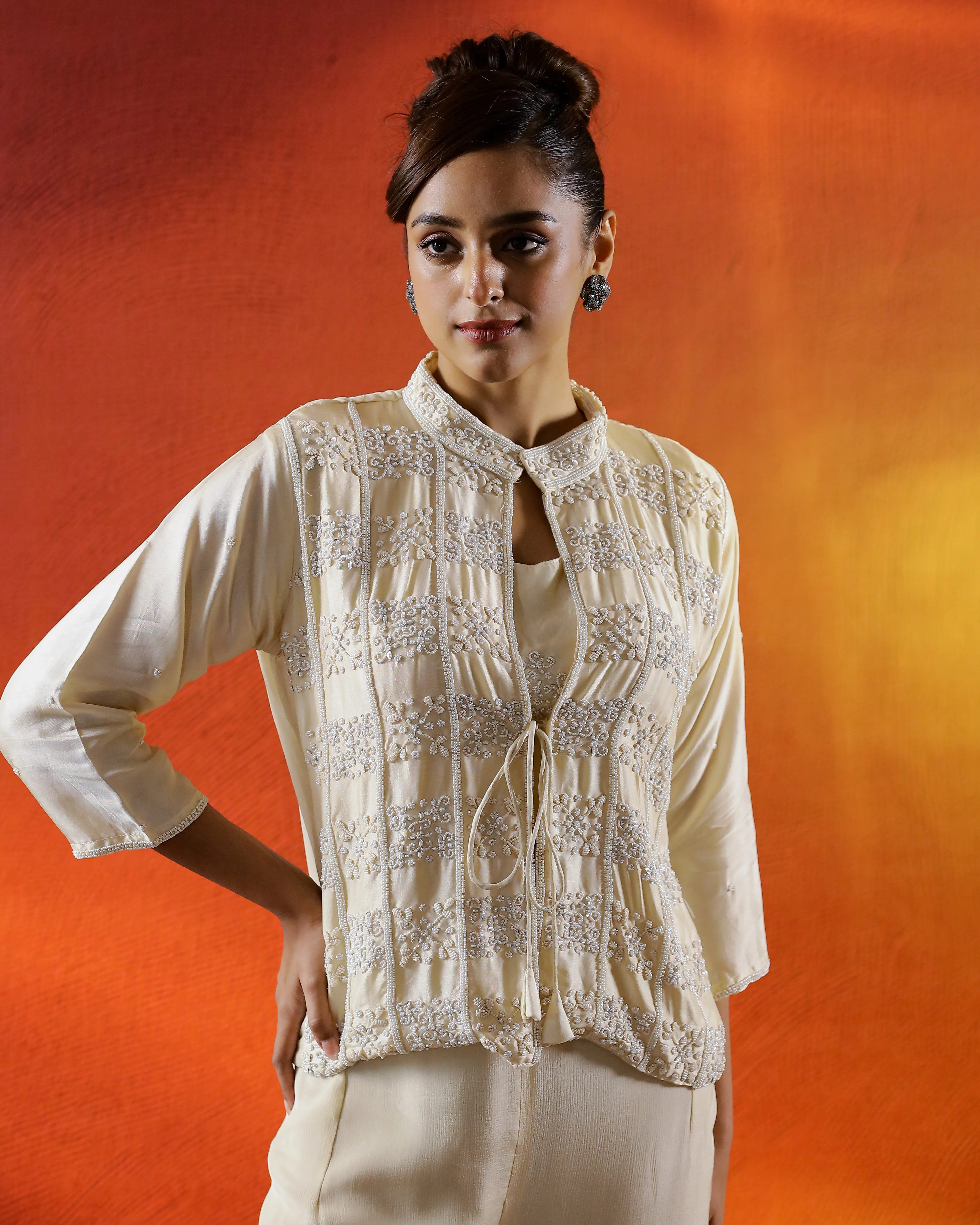 Cream Embellished Spanish Silk Cape Set