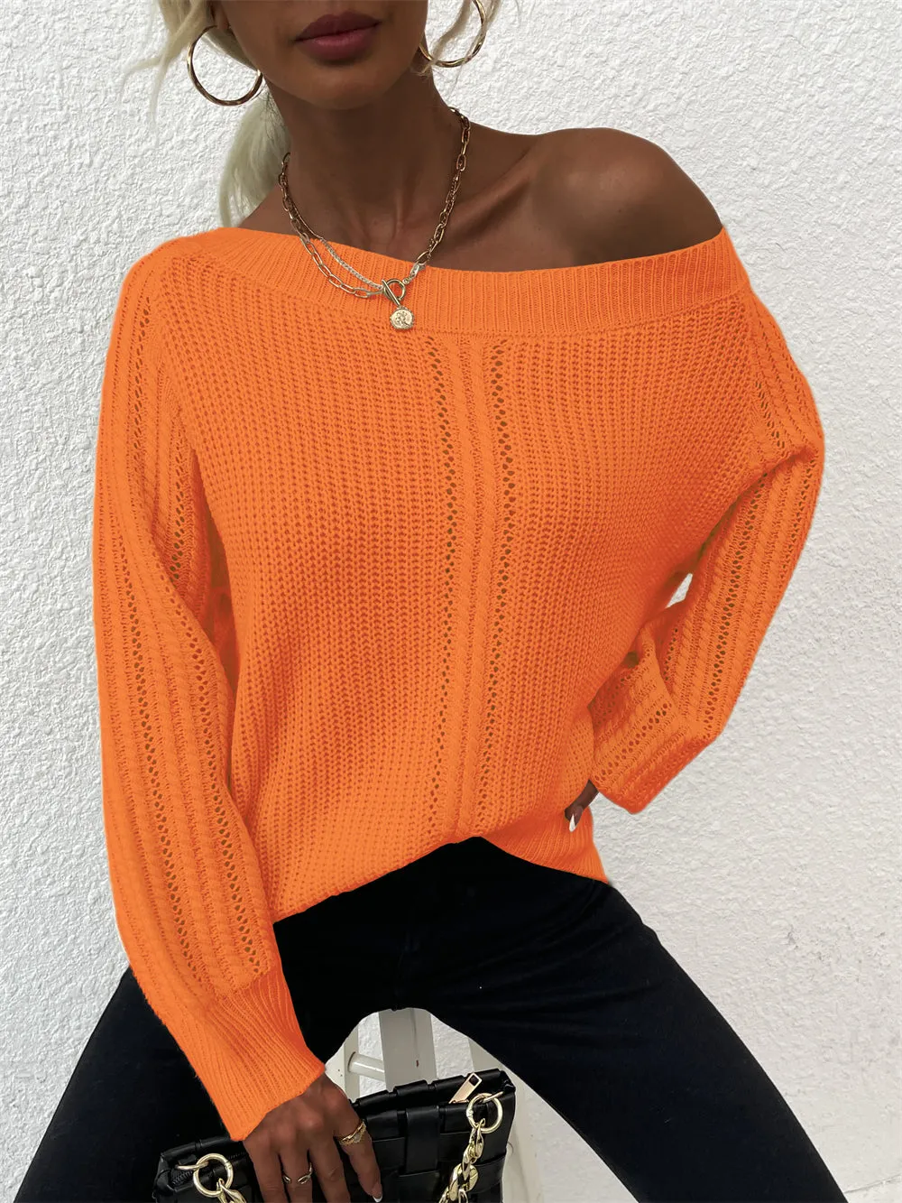 Crew Neck Off Shoulder Wholesale Women Sweater