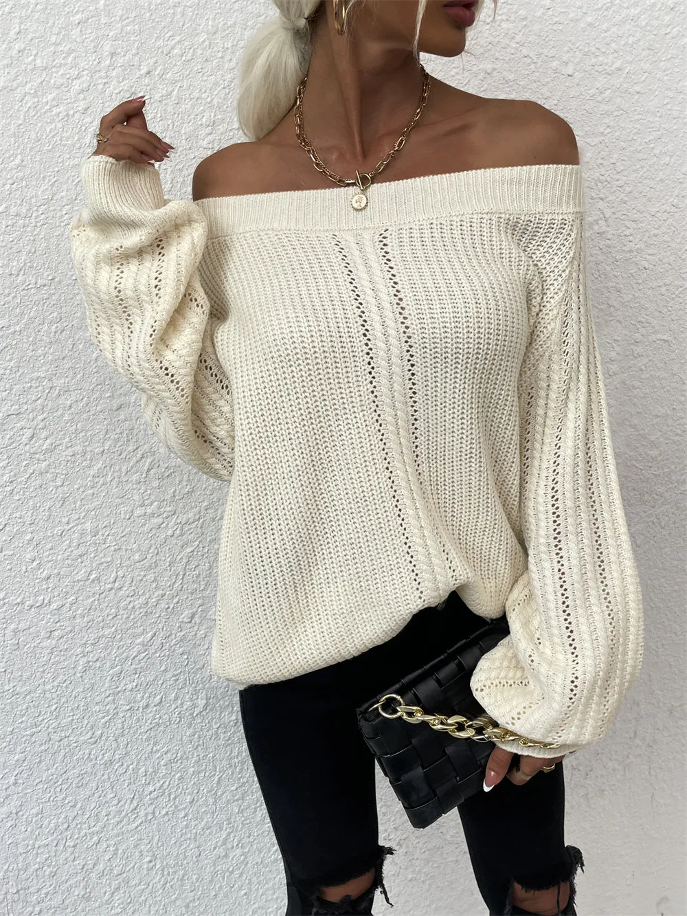 Crew Neck Off Shoulder Wholesale Women Sweater