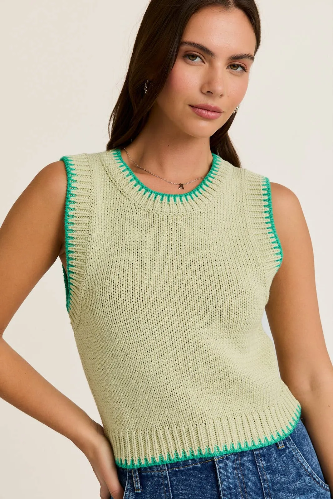 Crew Neck Sweater Top with Stitching Detail