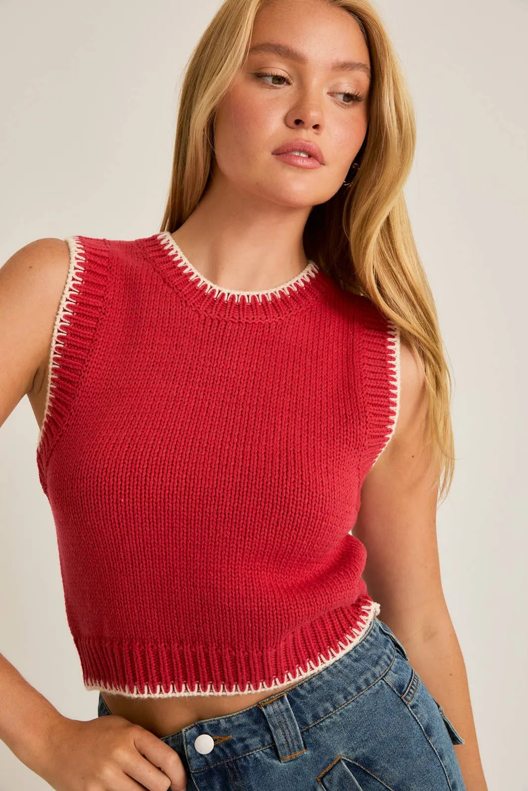 Crew Neck Sweater Top with Stitching Detail