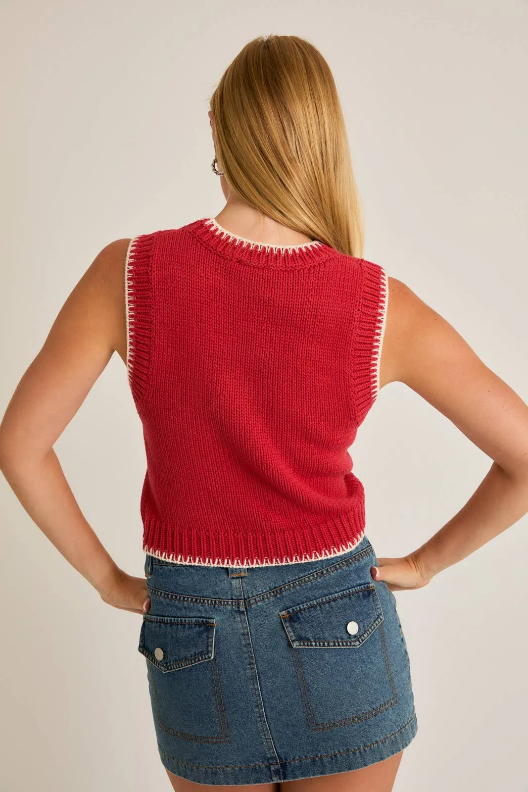 Crew Neck Sweater Top with Stitching Detail