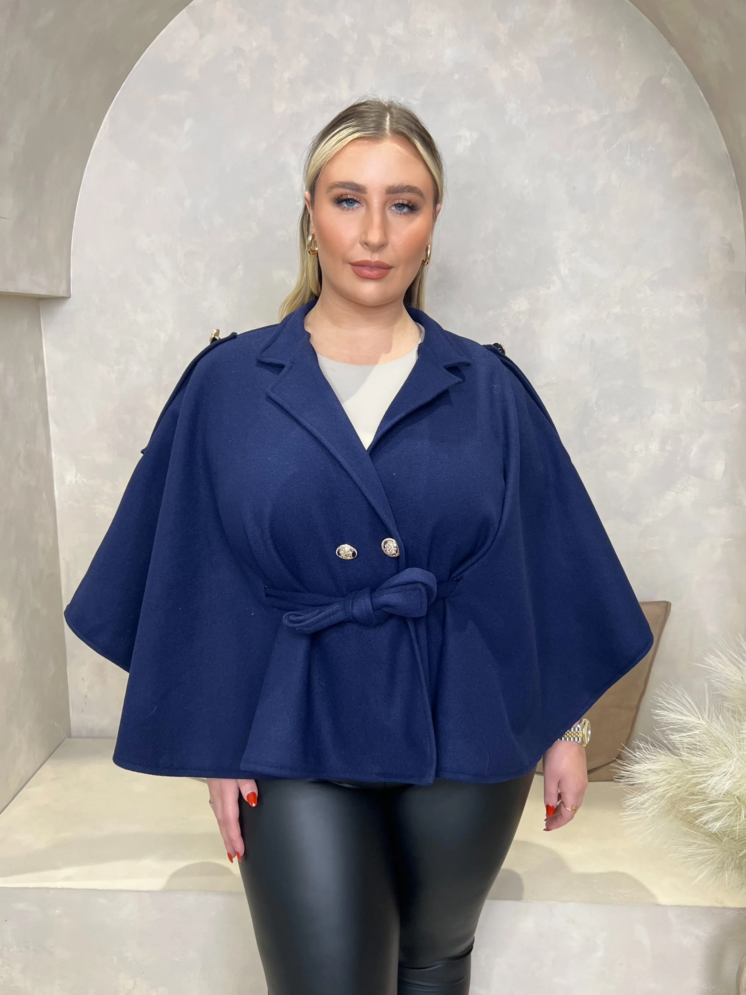 Curve Navy Tie Belt Shoulder Detail Cape