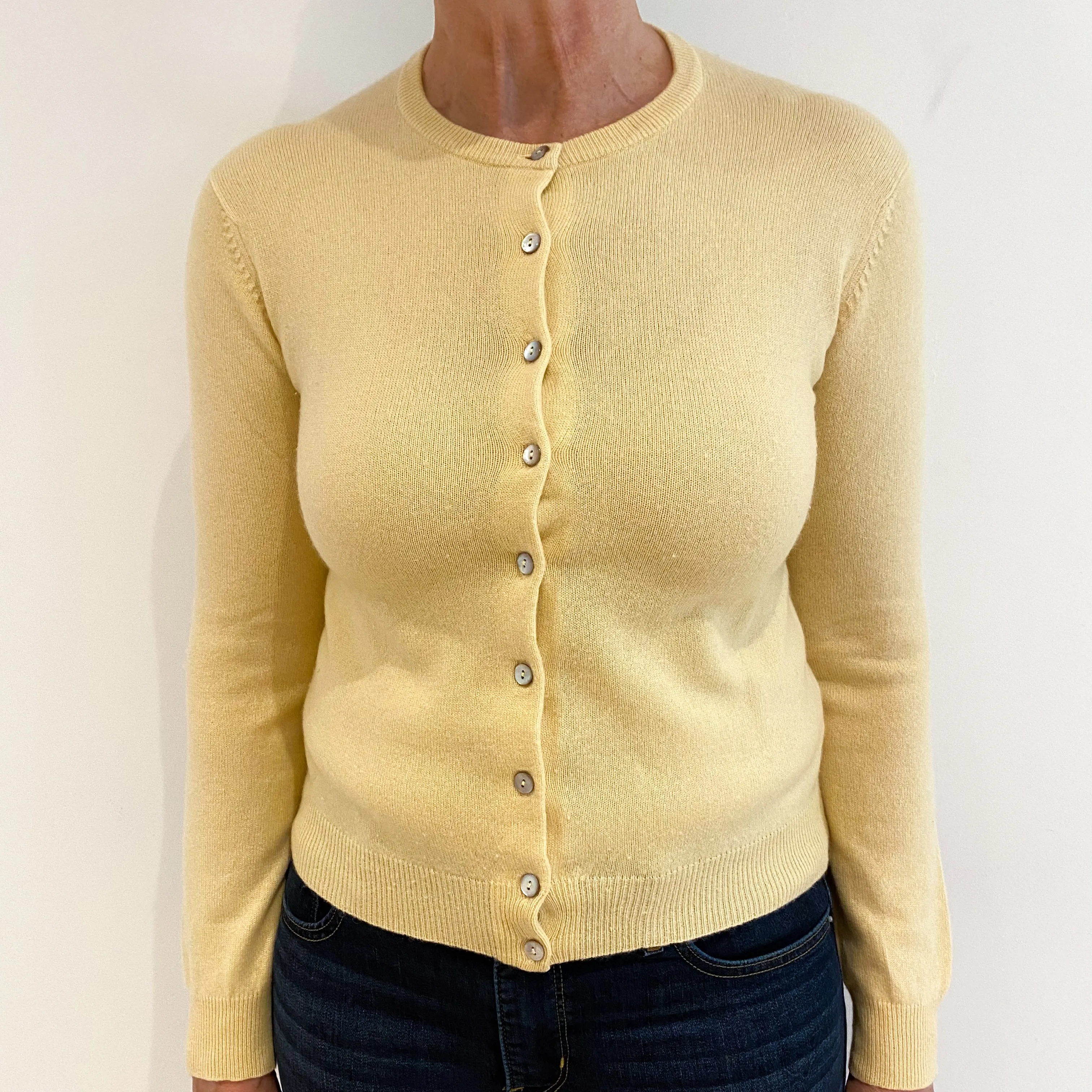 Custard Yellow Cashmere Crew Neck Cardigan Medium