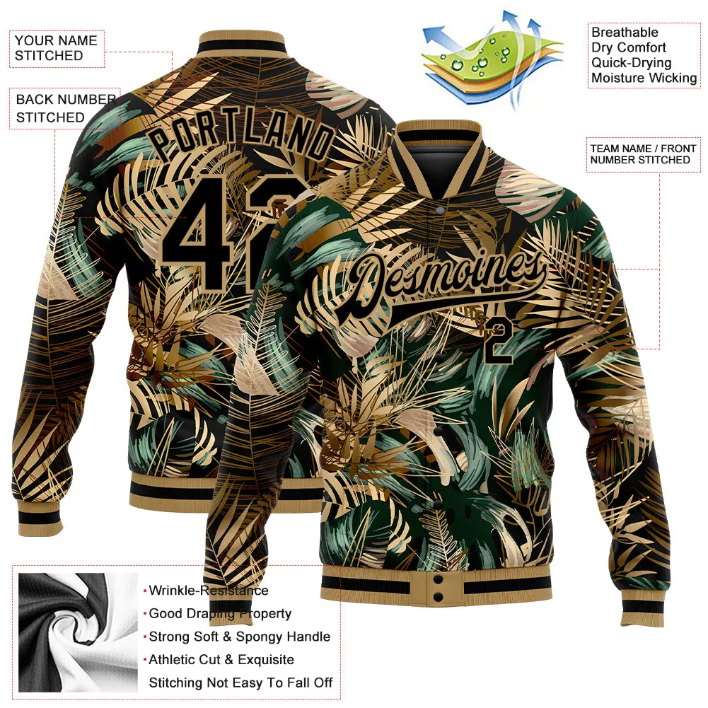 Custom Black Black-Old Gold Hawaii Palm Trees 3D Bomber Full-Snap Varsity Letterman Jacket