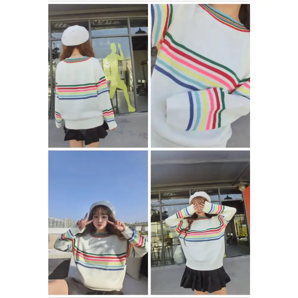 Cute Rainbow Striped Print Knit Sweater