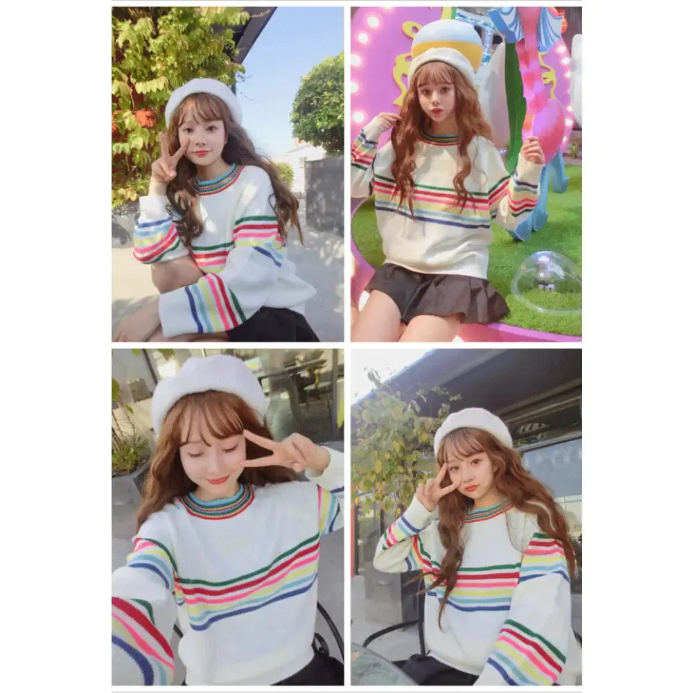 Cute Rainbow Striped Print Knit Sweater