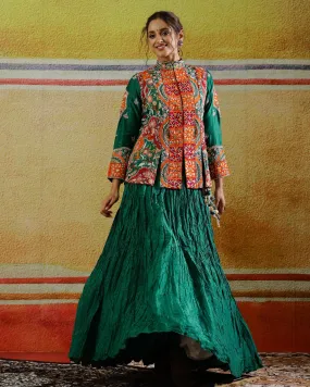 Dark Green Embroidered Raw Silk Skirt with Jacket