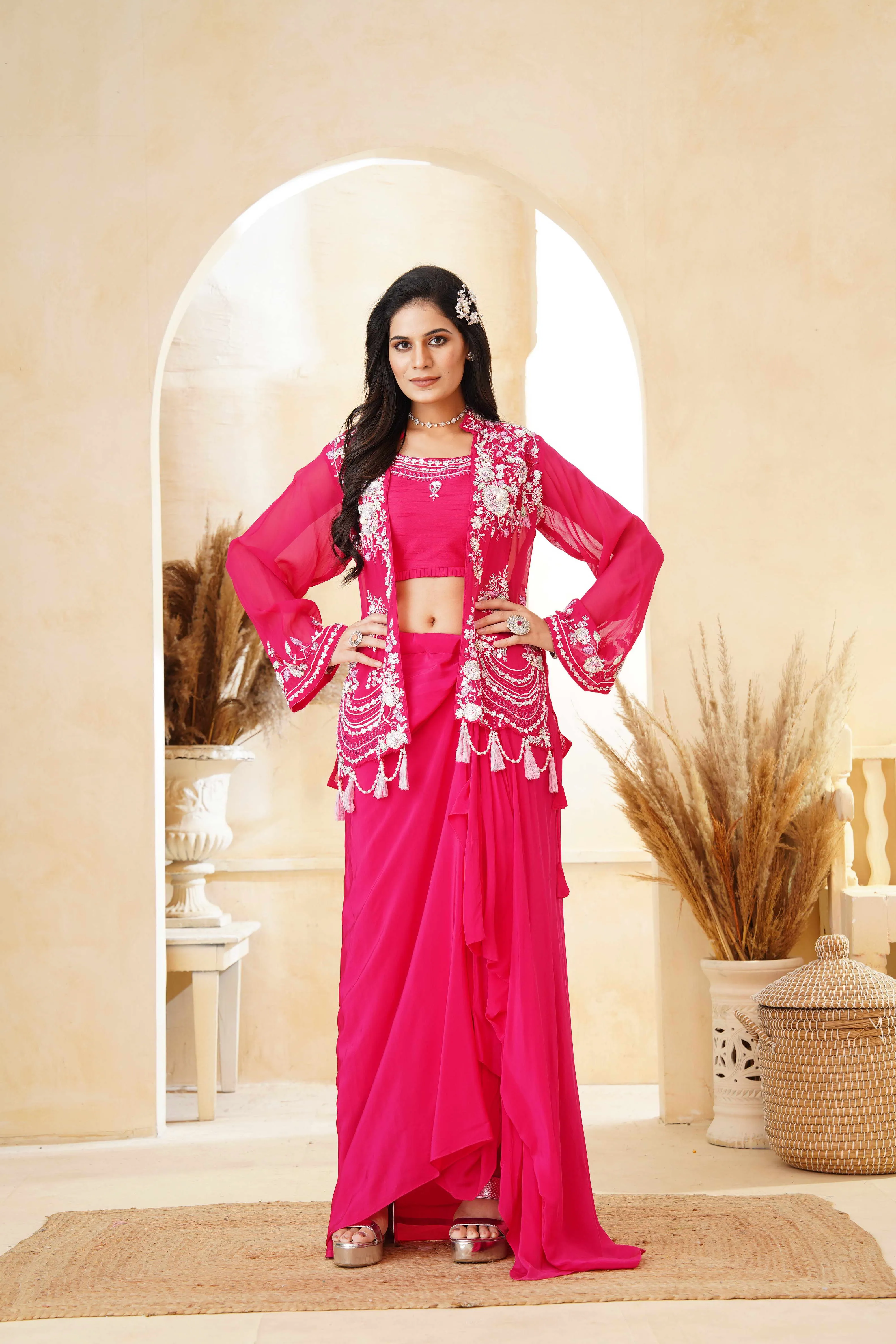 Dark Pink Embellished Premium Silk Jacket & Skirt Set