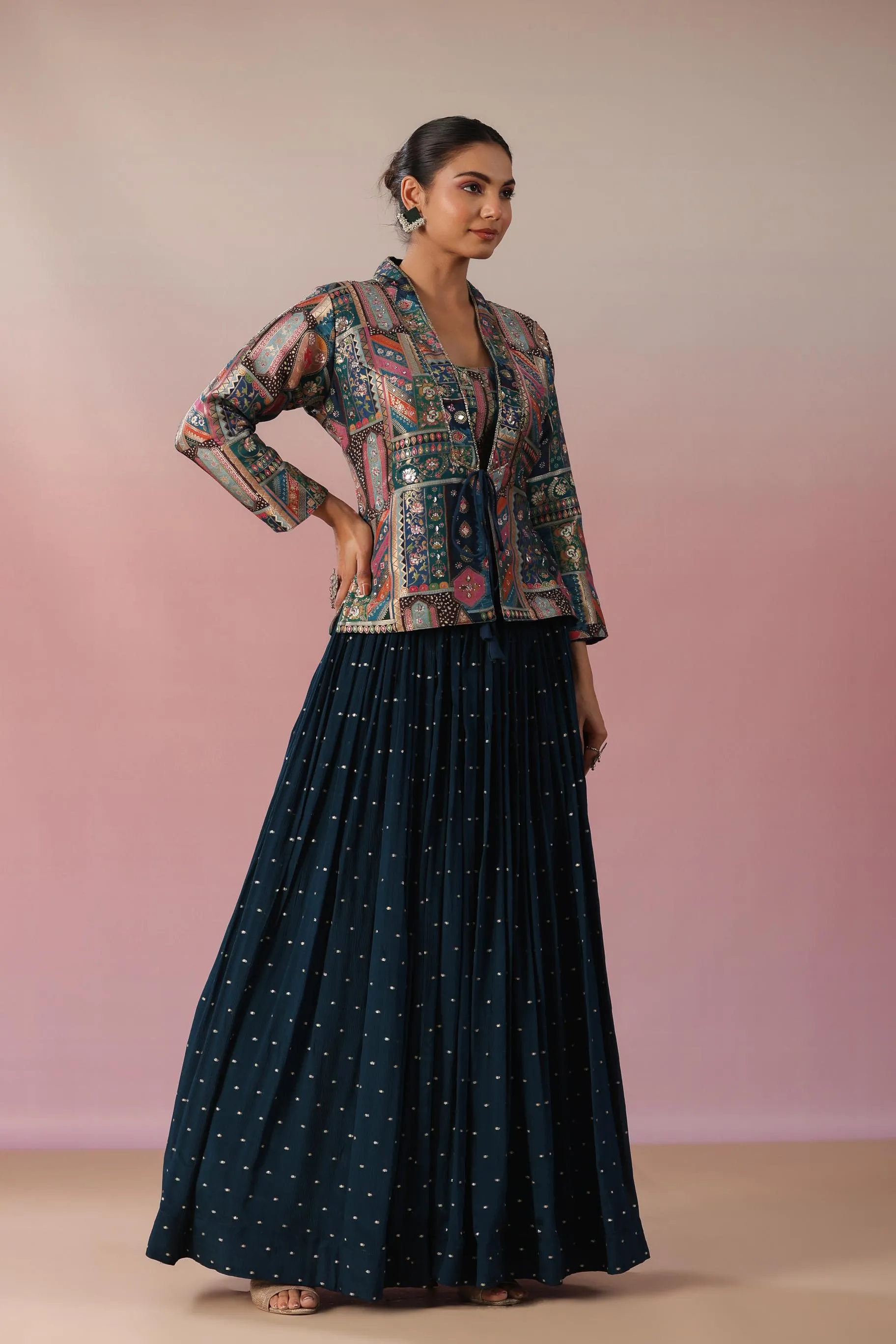 Dark Teal Embroidered Chinon Silk Skirt Set