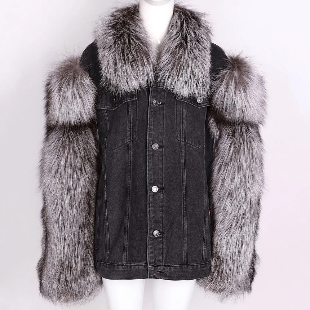 Denim jean fox fur Jacket