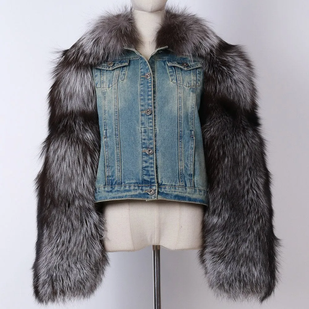 Denim jean fox fur Jacket