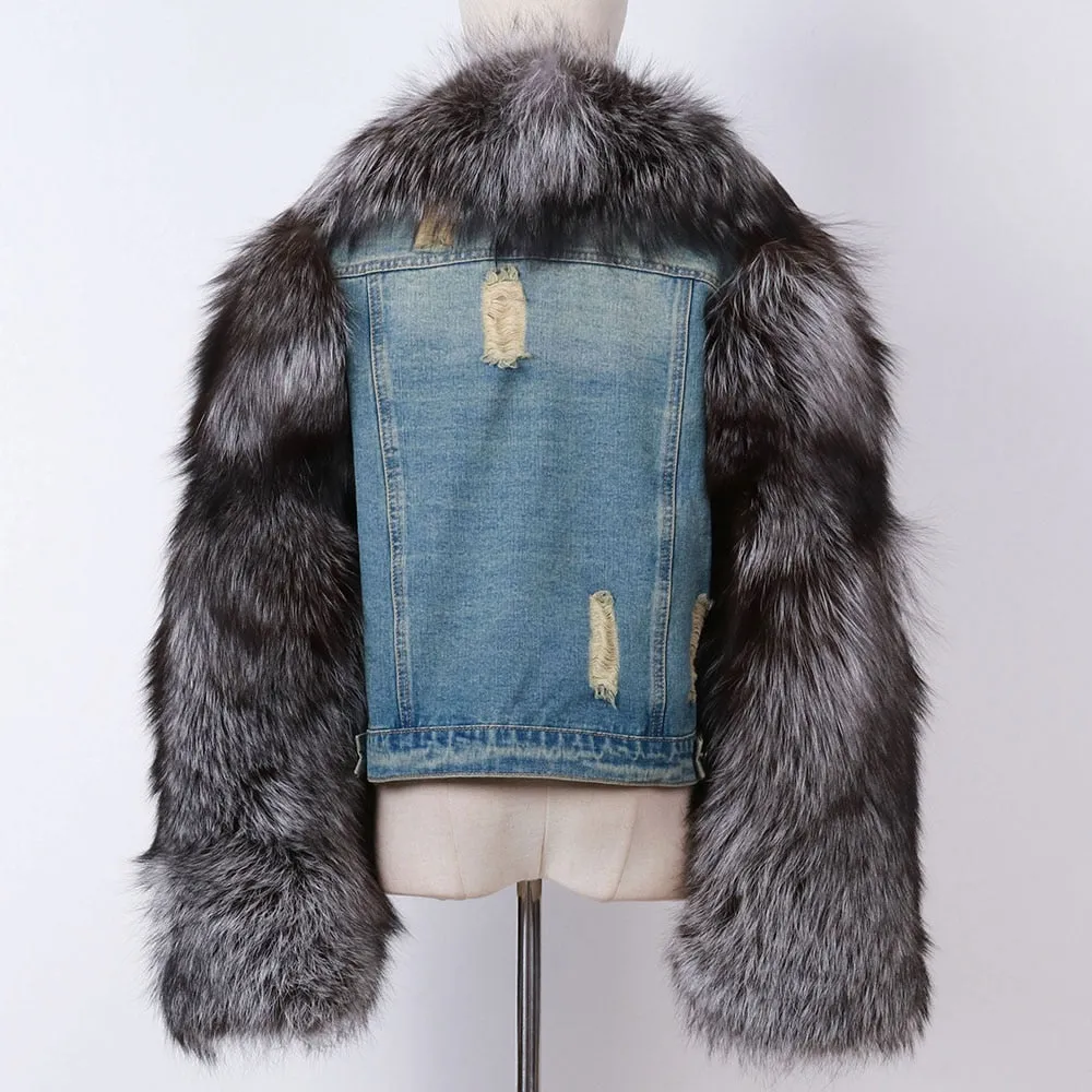 Denim jean fox fur Jacket